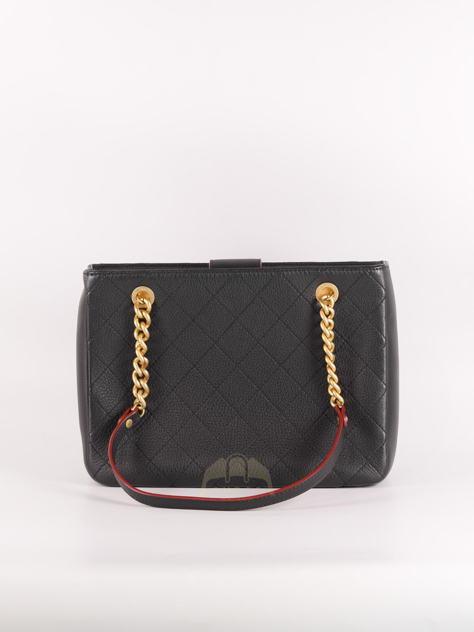 Archi Chic Small Shopping Tote in Black Quilted Grained Calfskin Leather Aged Gold Hardware (Series 25) | Purse Maison Luxury Bags Shop