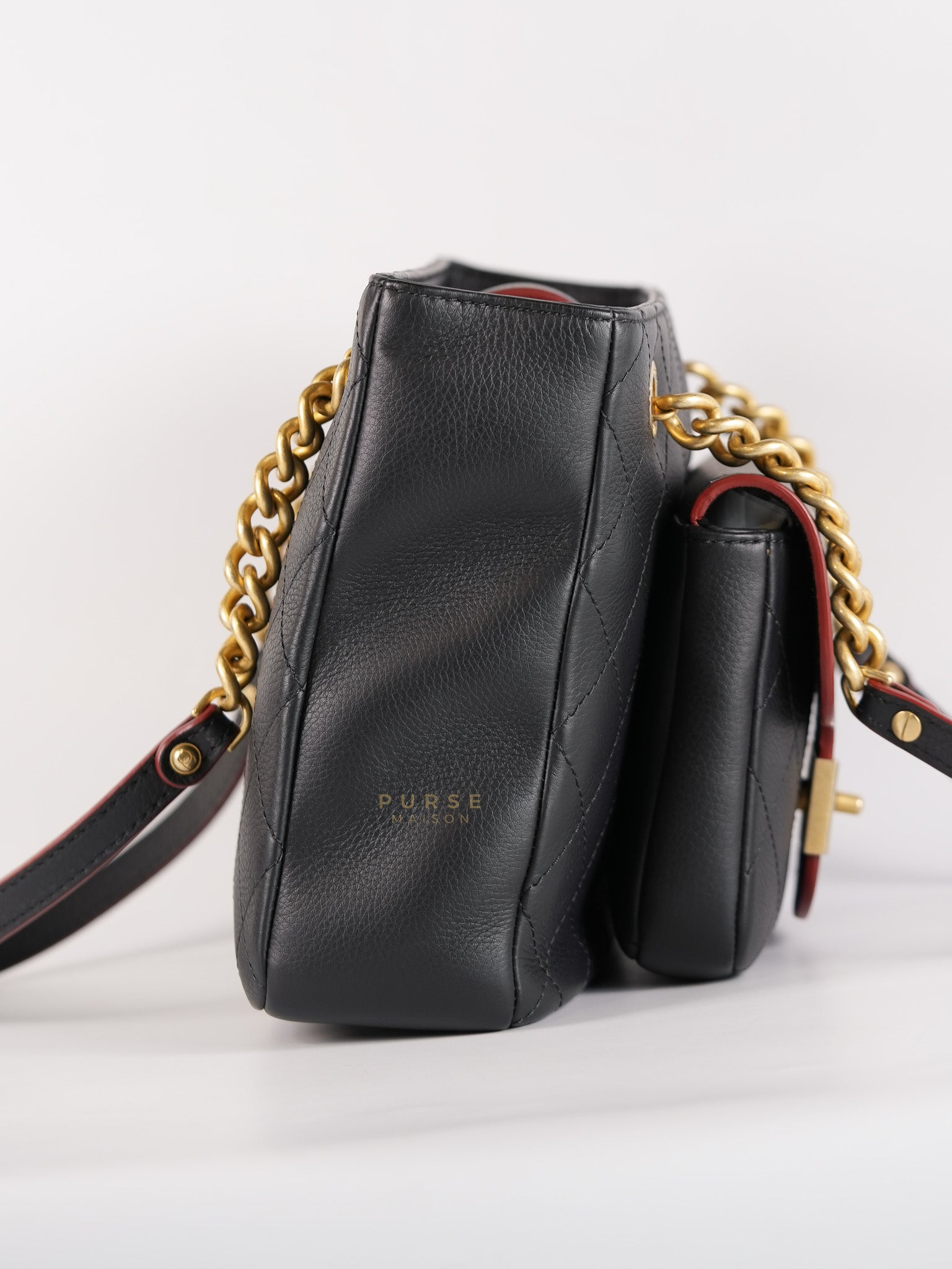 Archi Chic Small Shopping Tote in Black Quilted Grained Calfskin Leather & Aged Gold Hardware (Series 25) | Purse Maison Luxury Bags Shop