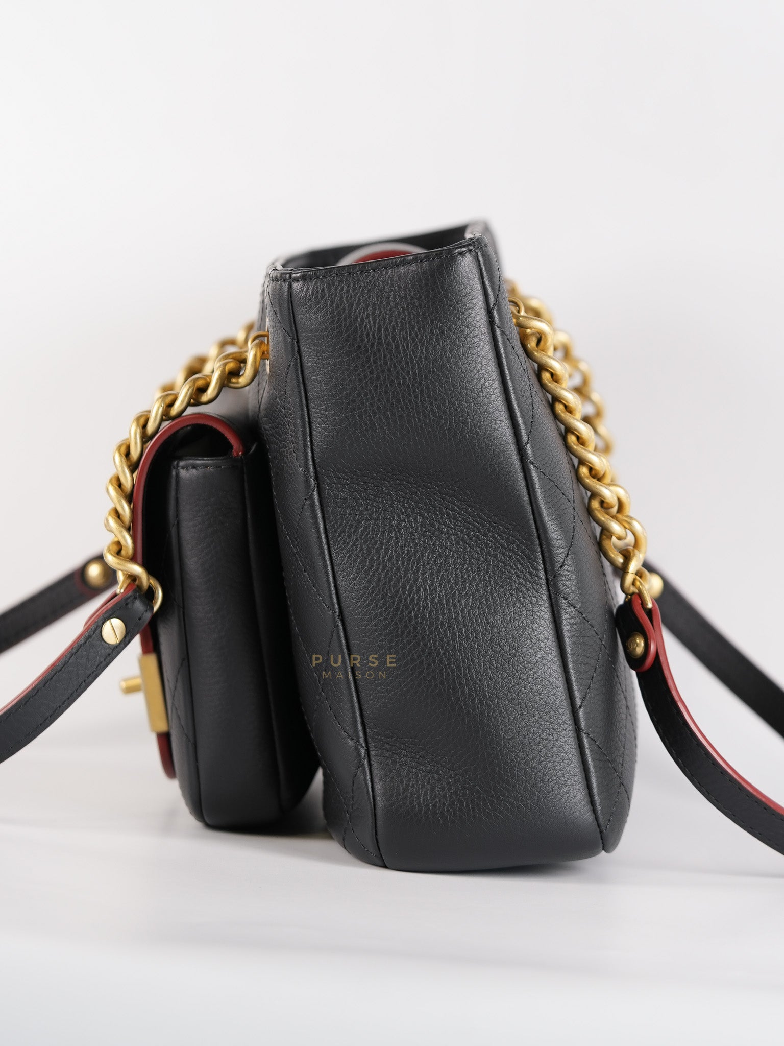 Archi Chic Small Shopping Tote in Black Quilted Grained Calfskin Leather & Aged Gold Hardware (Series 25) | Purse Maison Luxury Bags Shop