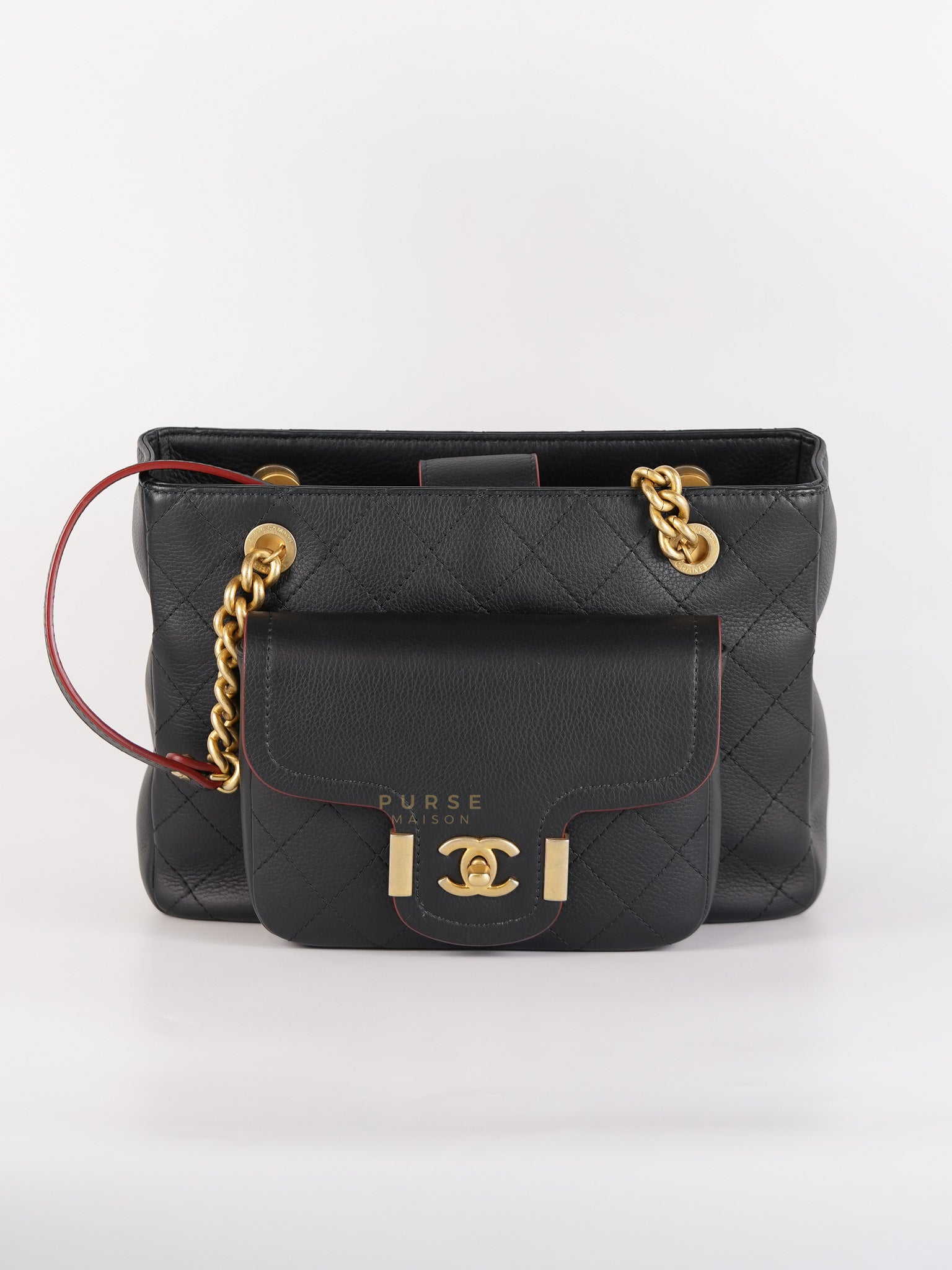 Archi Chic Small Shopping Tote in Black Quilted Grained Calfskin Leather & Aged Gold Hardware (Series 25) | Purse Maison Luxury Bags Shop