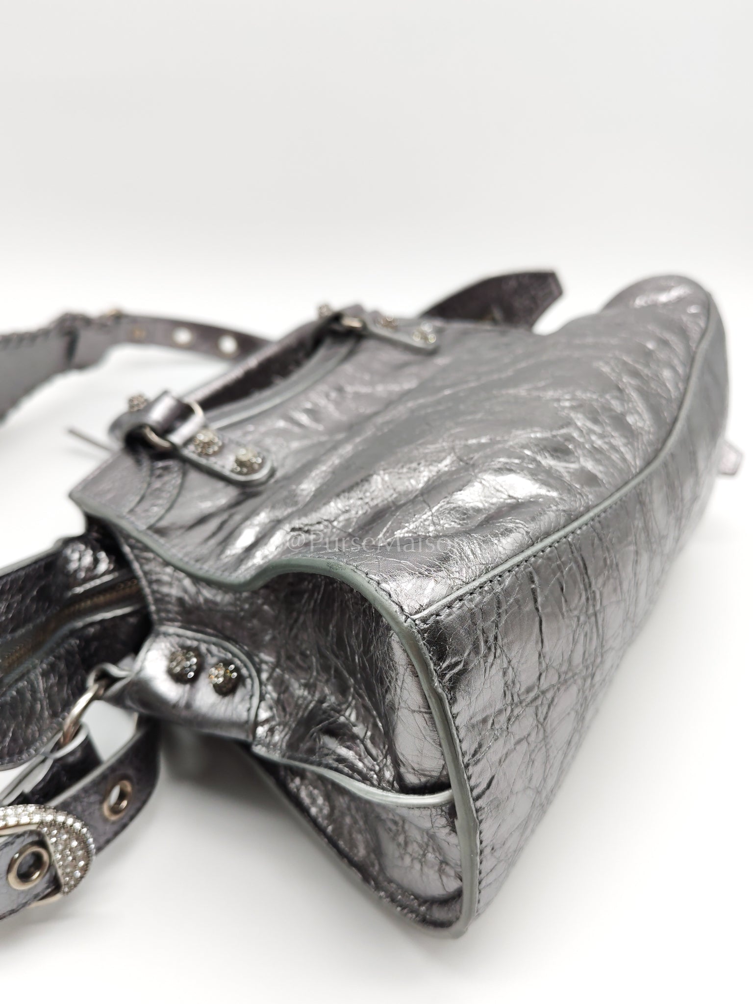 Arena Silver Crystal Metallic Leather Diamond Stud Crossbody Bag | Purse Maison Luxury Bags Shop