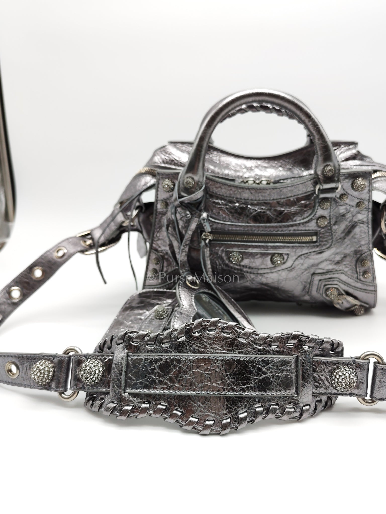 Arena Silver Crystal Metallic Leather Diamond Stud Crossbody Bag | Purse Maison Luxury Bags Shop