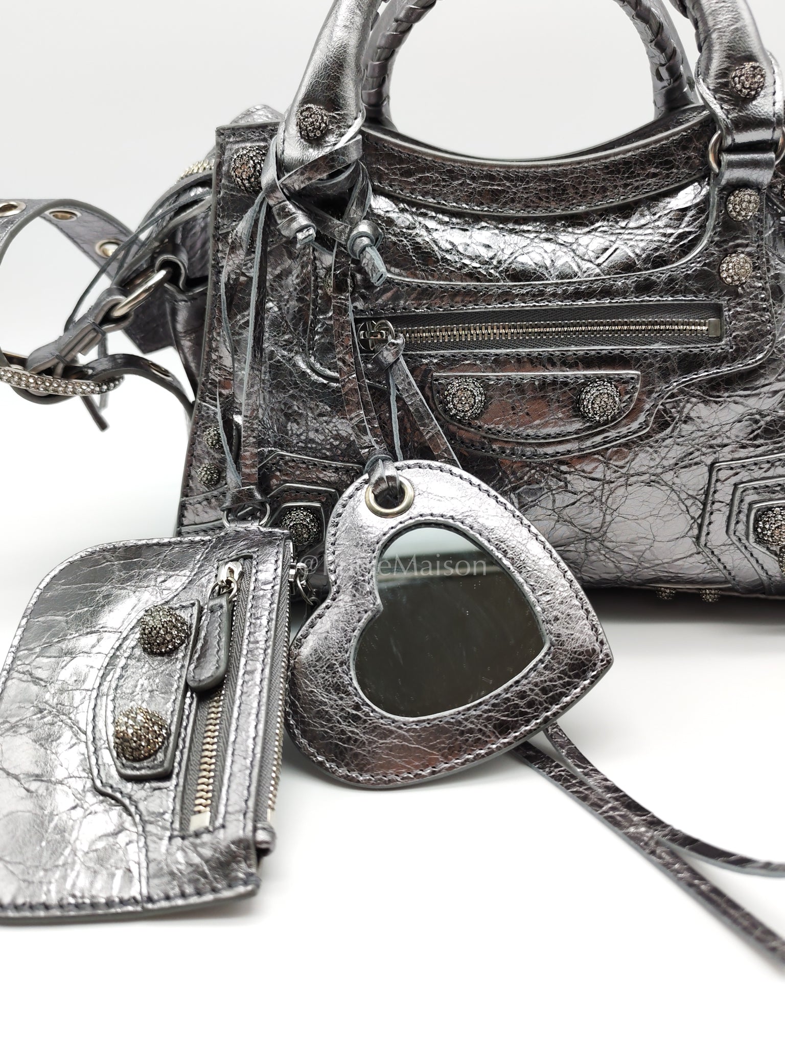 Arena Silver Crystal Metallic Leather Diamond Stud Crossbody Bag | Purse Maison Luxury Bags Shop