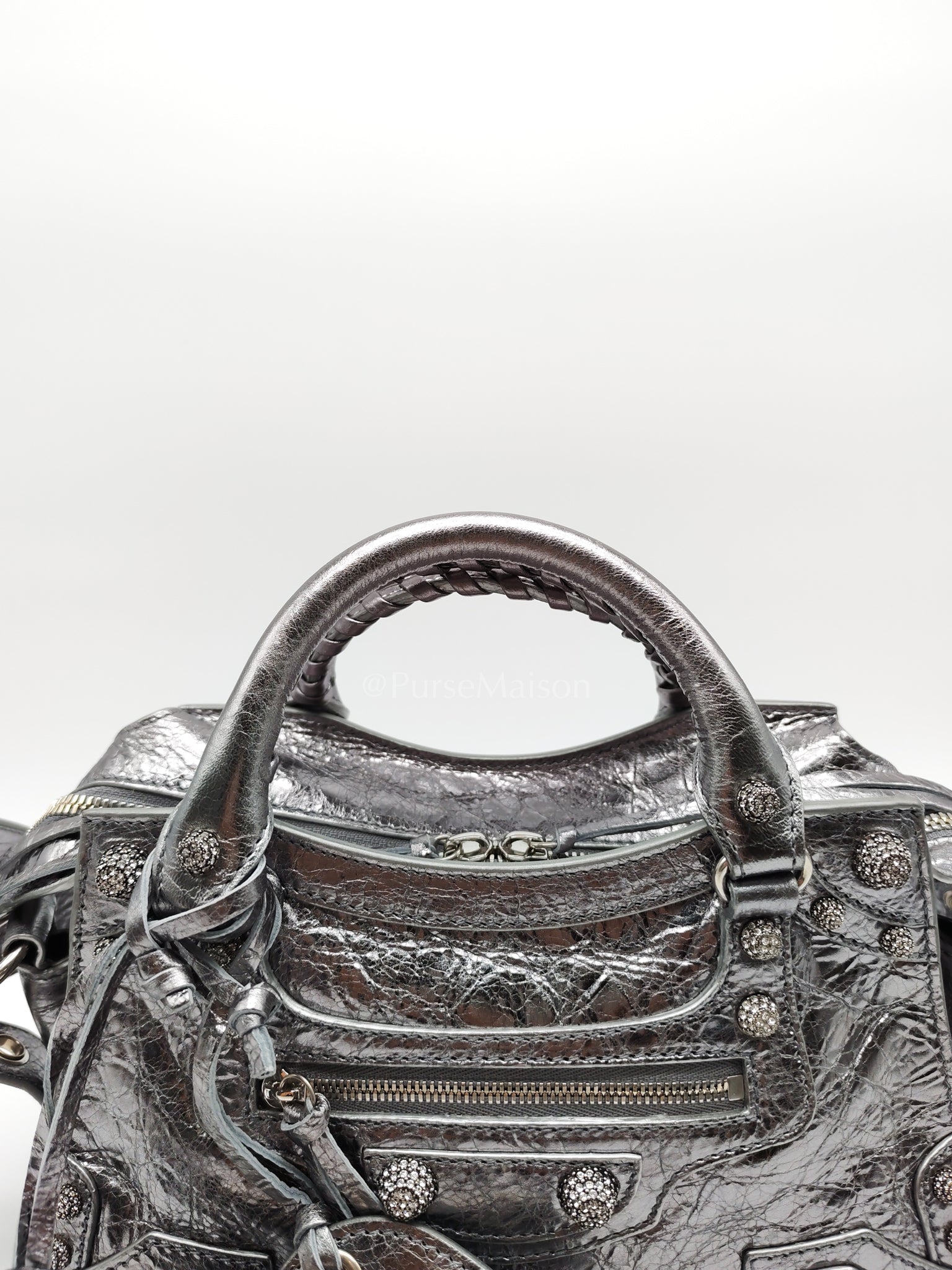Arena Silver Crystal Metallic Leather Diamond Stud Crossbody Bag | Purse Maison Luxury Bags Shop