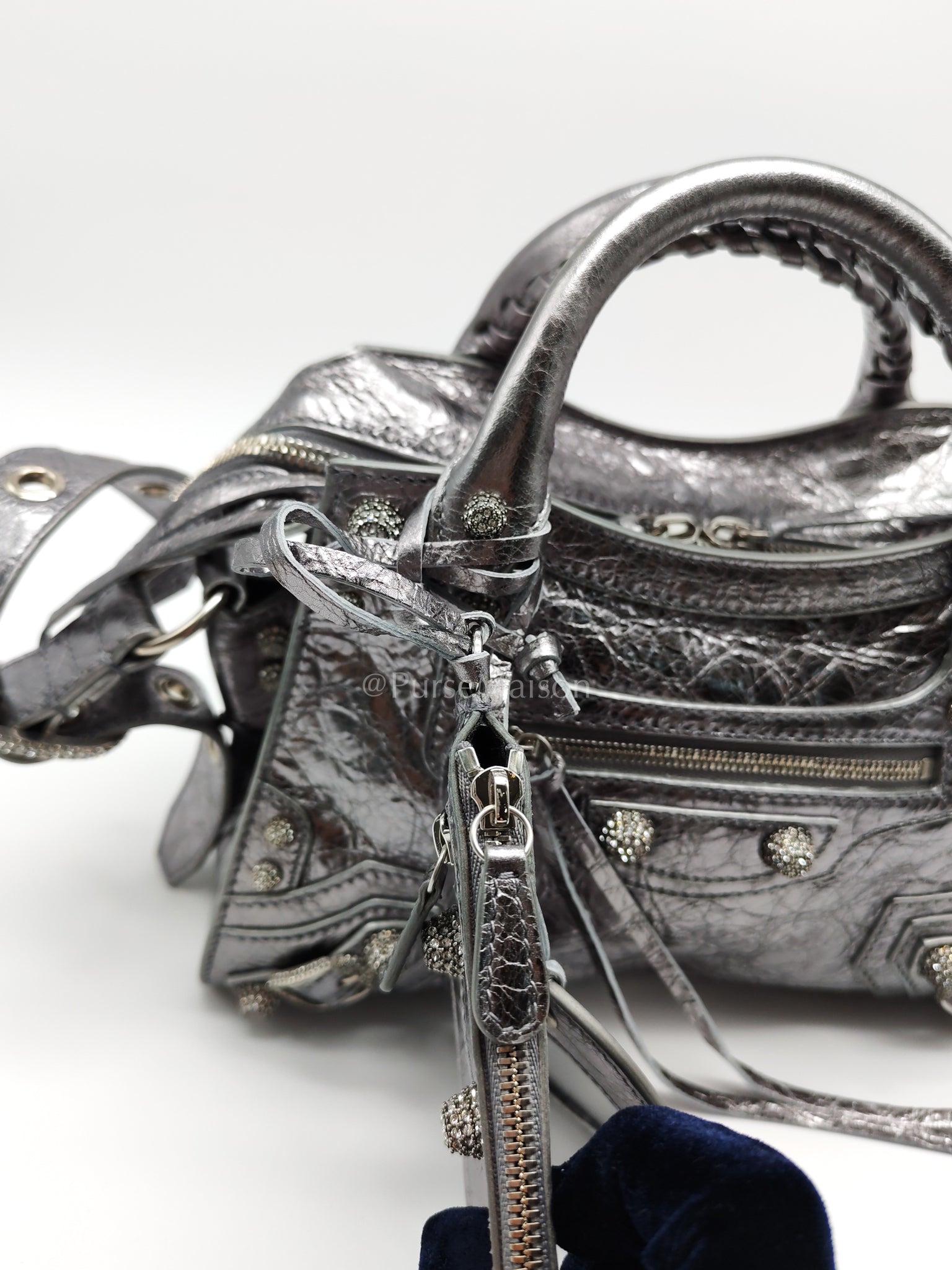 Arena Silver Crystal Metallic Leather Diamond Stud Crossbody Bag | Purse Maison Luxury Bags Shop