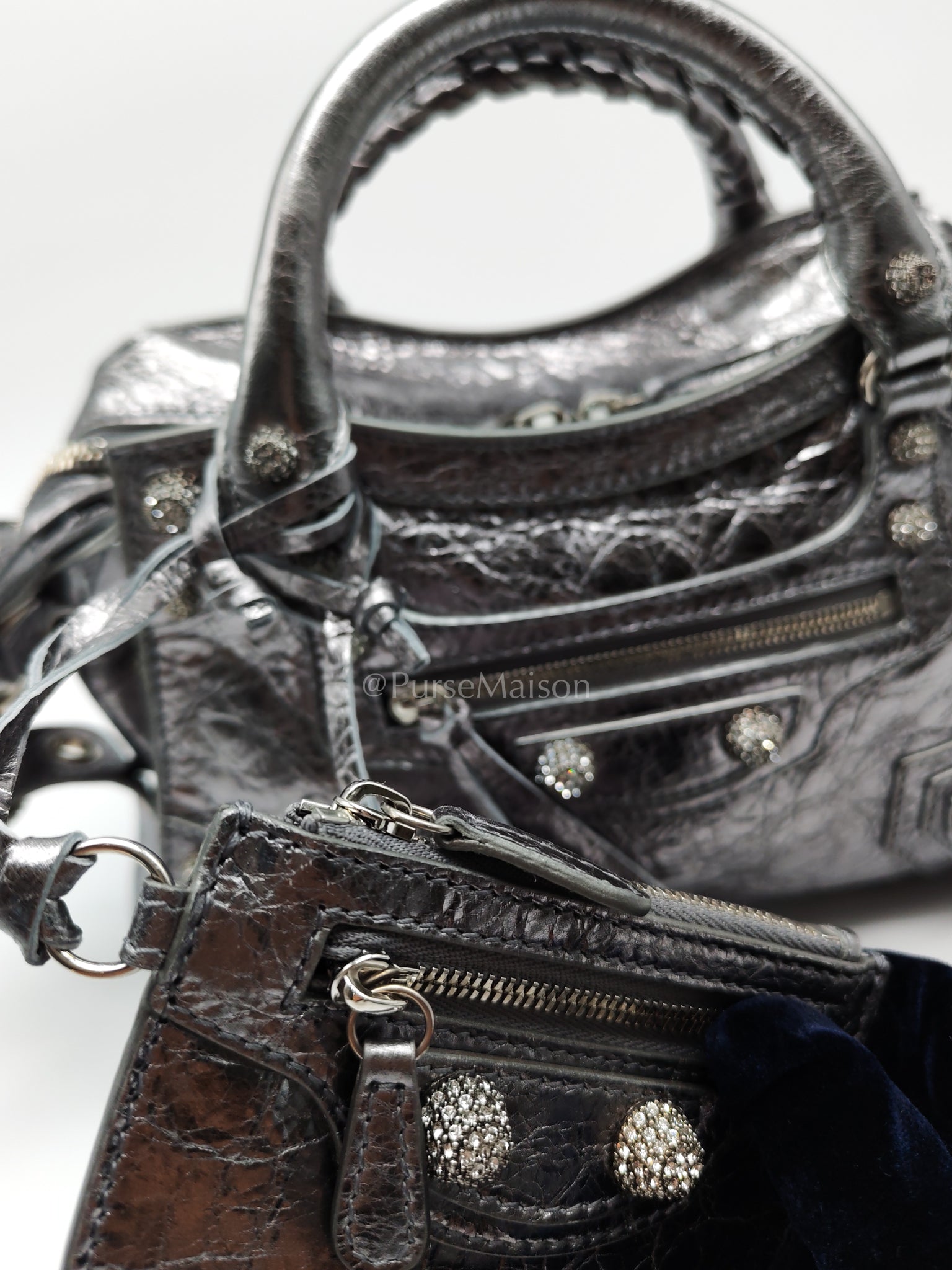 Arena Silver Crystal Metallic Leather Diamond Stud Crossbody Bag | Purse Maison Luxury Bags Shop