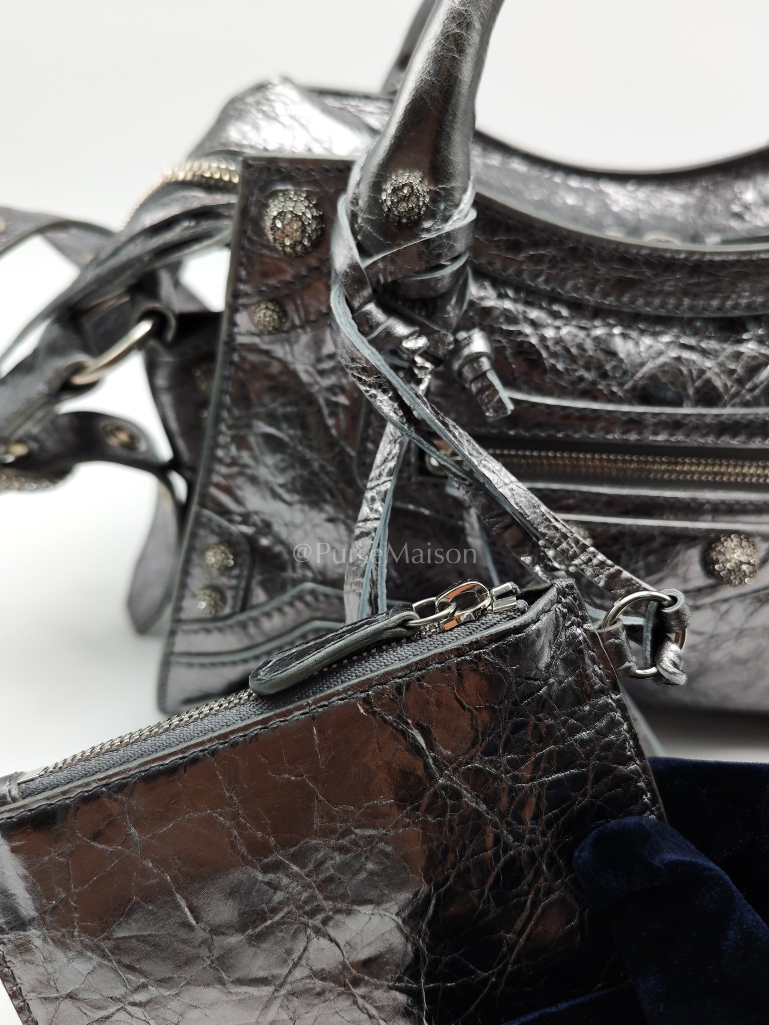 Arena Silver Crystal Metallic Leather Diamond Stud Crossbody Bag | Purse Maison Luxury Bags Shop