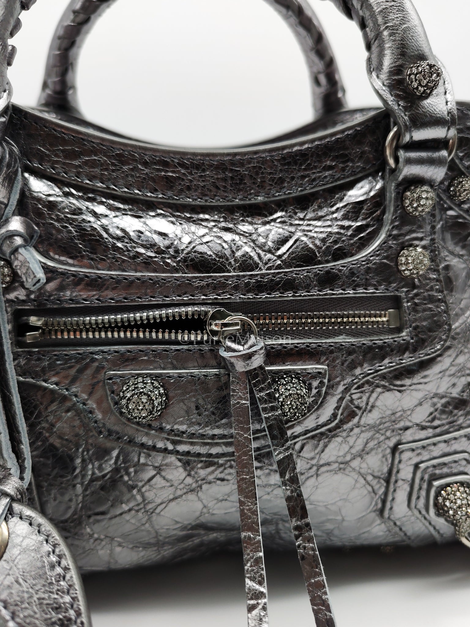 Arena Silver Crystal Metallic Leather Diamond Stud Crossbody Bag | Purse Maison Luxury Bags Shop