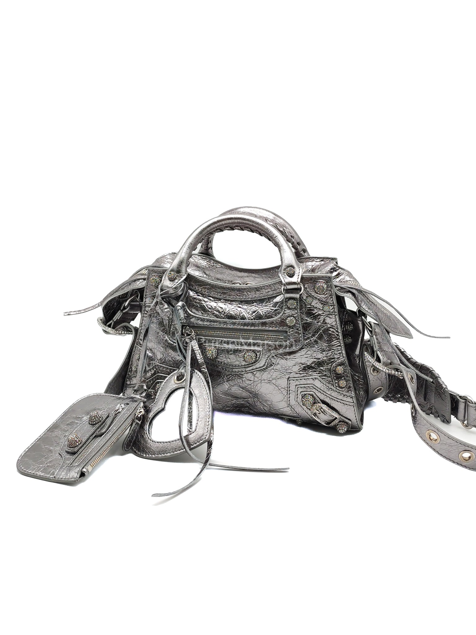 Arena Silver Crystal Metallic Leather Diamond Stud Crossbody Bag | Purse Maison Luxury Bags Shop