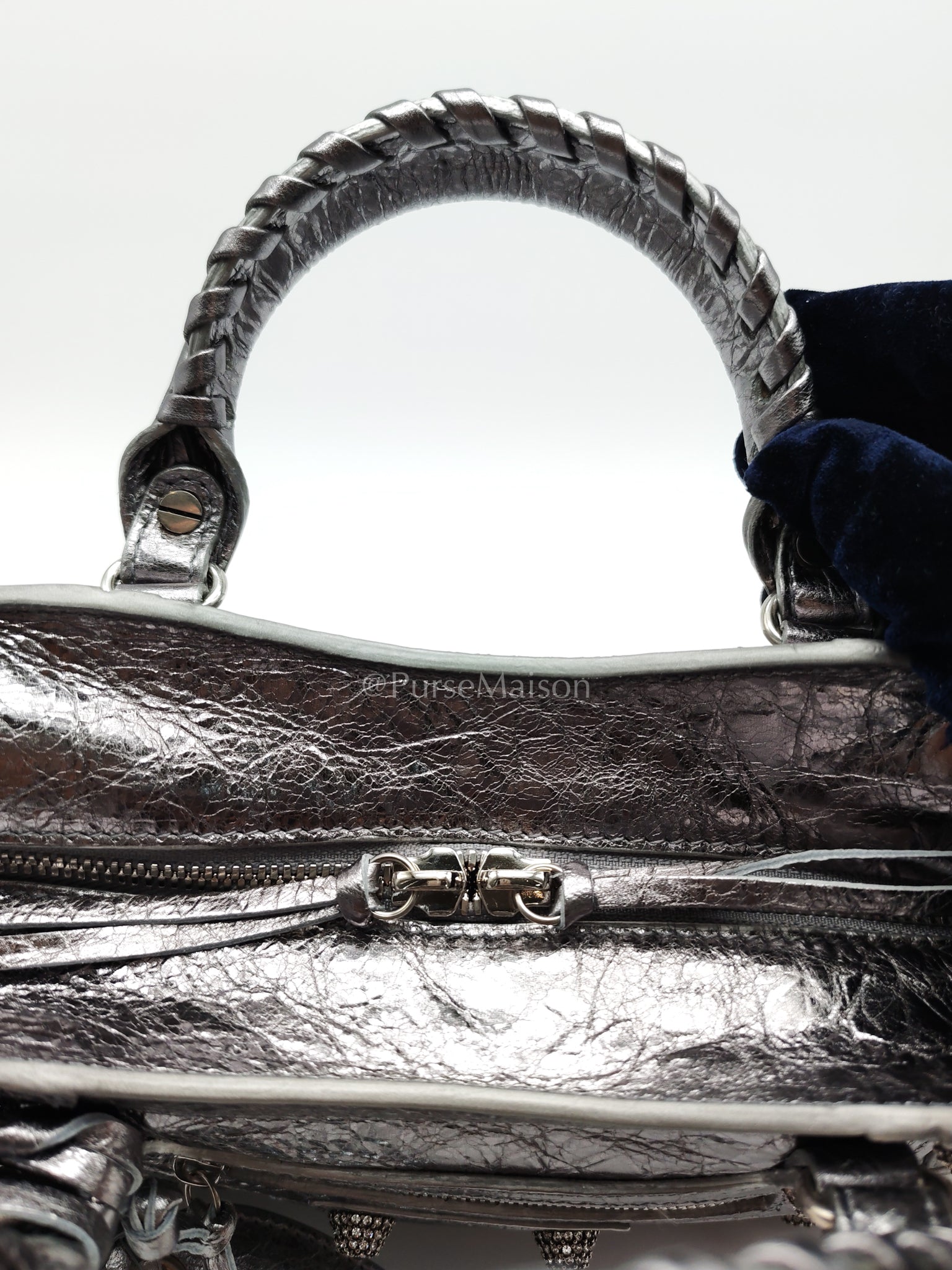 Arena Silver Crystal Metallic Leather Diamond Stud Crossbody Bag | Purse Maison Luxury Bags Shop