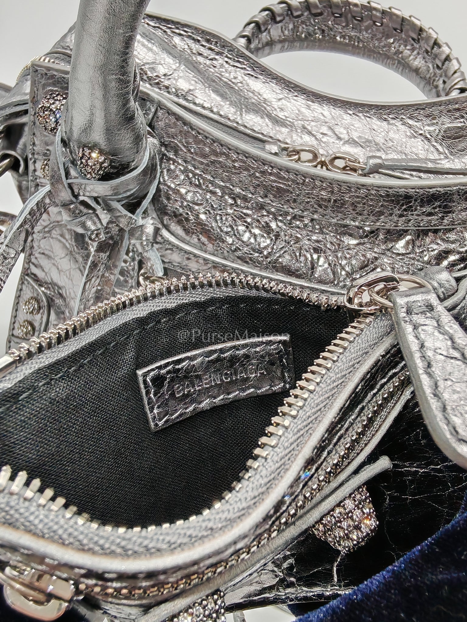 Arena Silver Crystal Metallic Leather Diamond Stud Crossbody Bag | Purse Maison Luxury Bags Shop