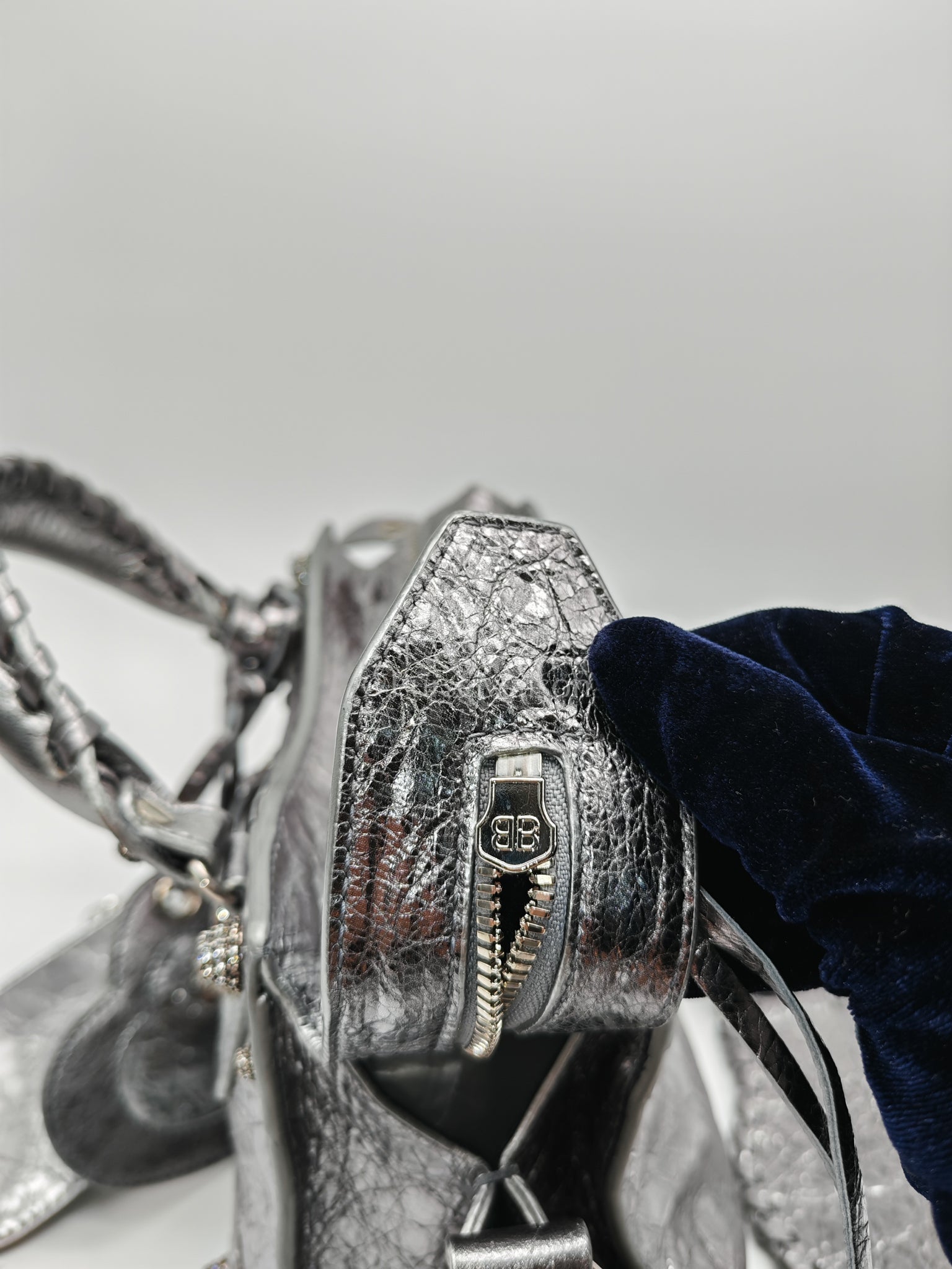 Arena Silver Crystal Metallic Leather Diamond Stud Crossbody Bag | Purse Maison Luxury Bags Shop