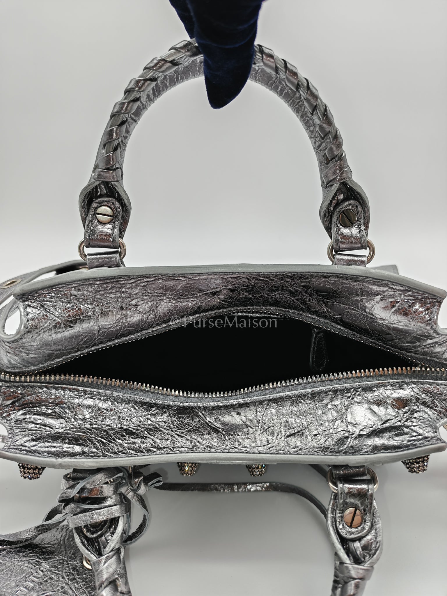 Arena Silver Crystal Metallic Leather Diamond Stud Crossbody Bag | Purse Maison Luxury Bags Shop