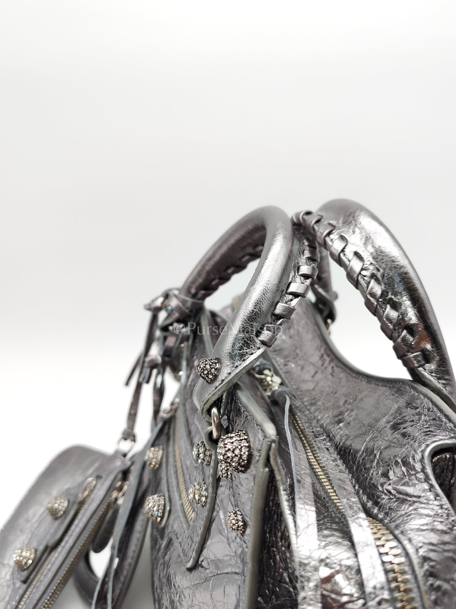 Arena Silver Crystal Metallic Leather Diamond Stud Crossbody Bag | Purse Maison Luxury Bags Shop