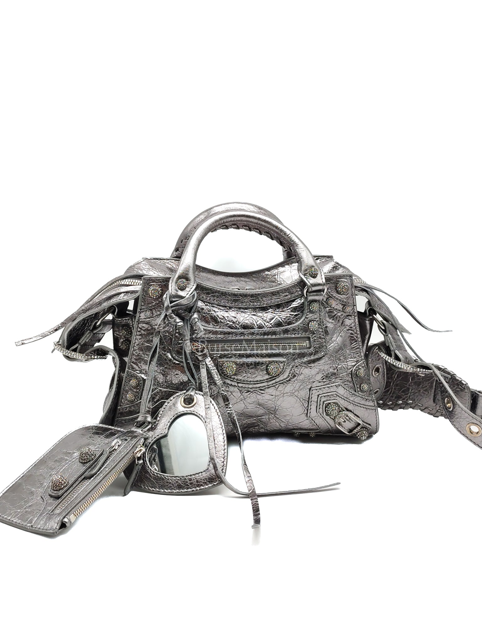 Arena Silver Crystal Metallic Leather Diamond Stud Crossbody Bag | Purse Maison Luxury Bags Shop