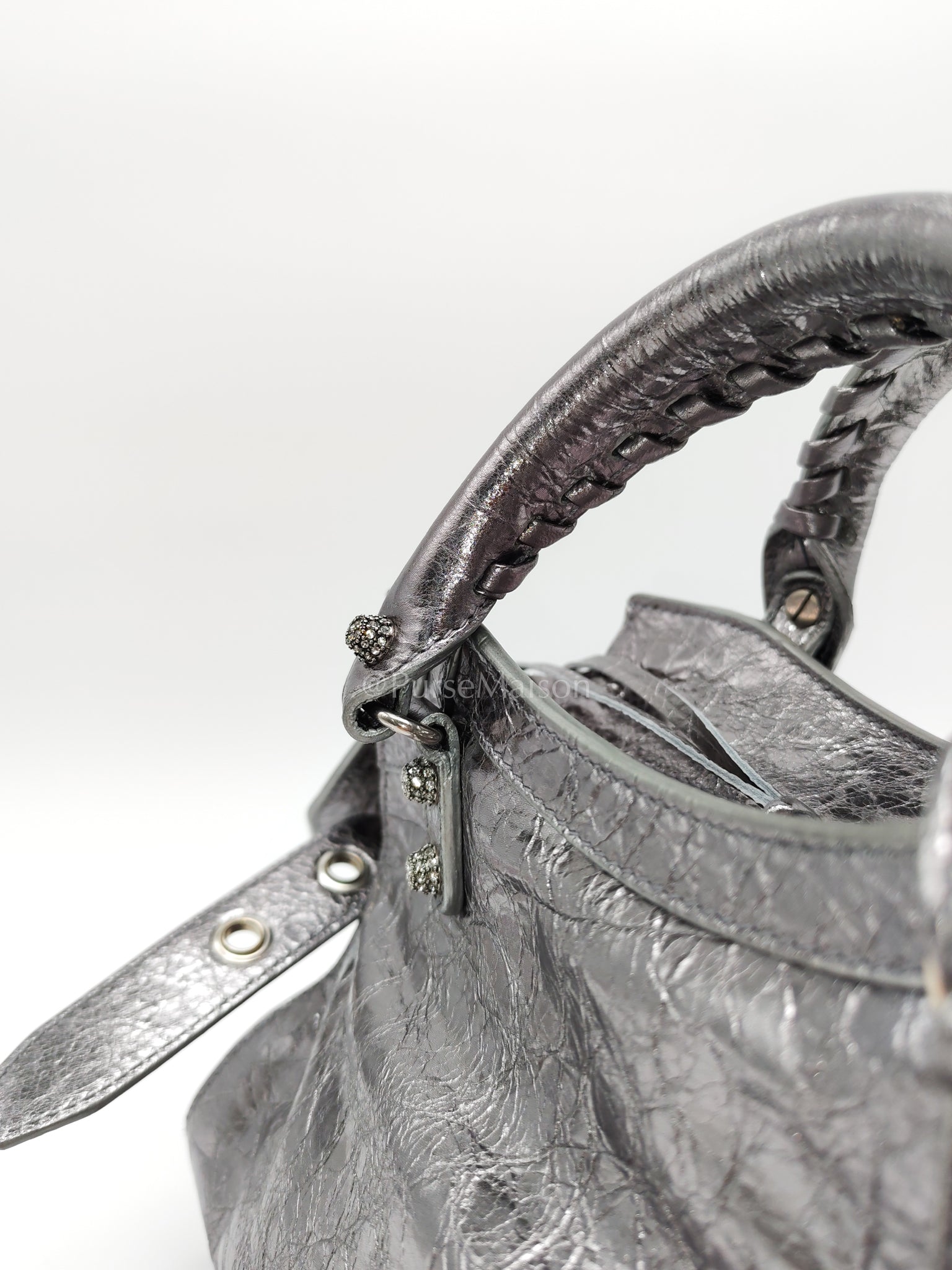 Arena Silver Crystal Metallic Leather Diamond Stud Crossbody Bag | Purse Maison Luxury Bags Shop