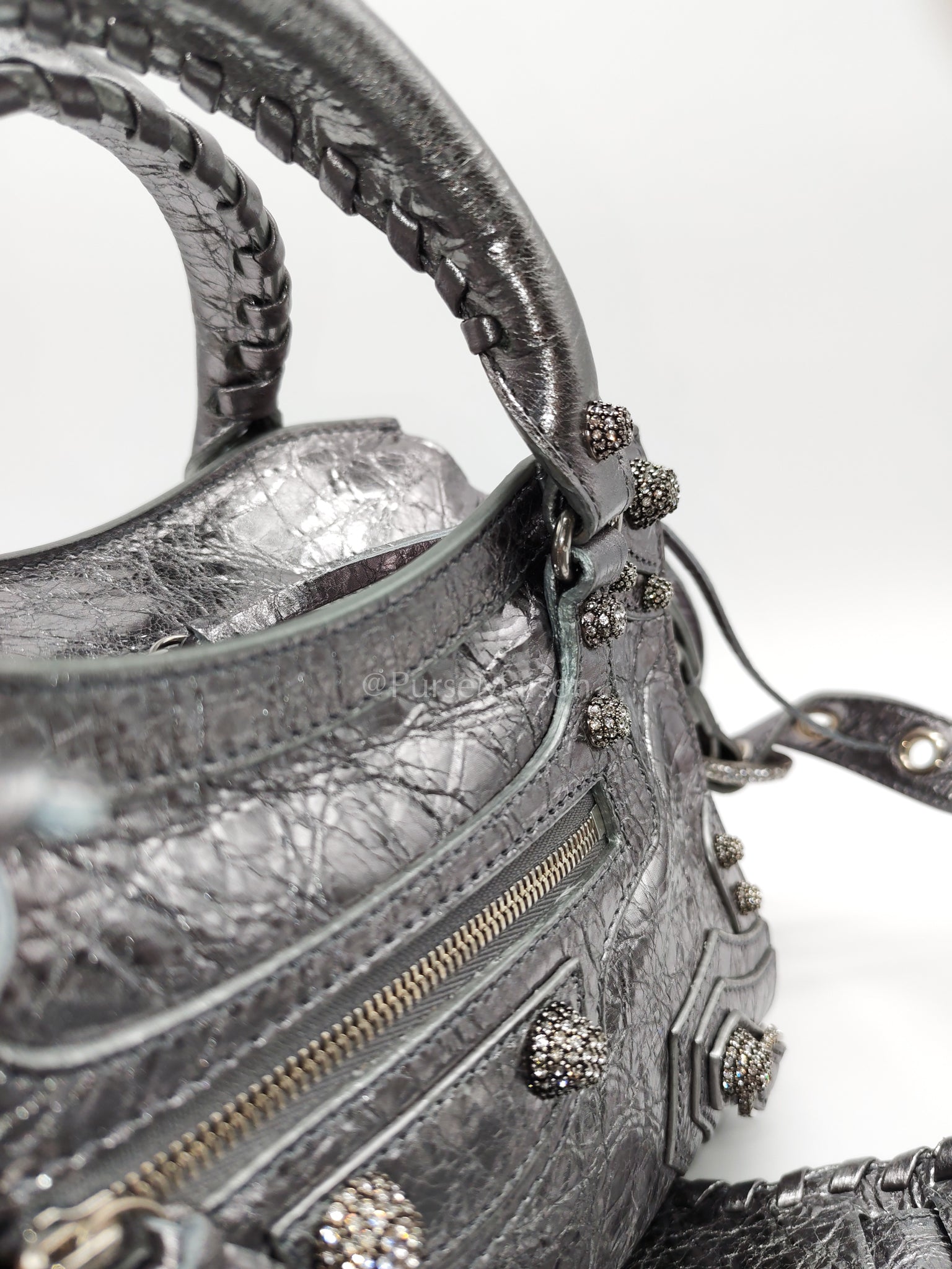 Arena Silver Crystal Metallic Leather Diamond Stud Crossbody Bag | Purse Maison Luxury Bags Shop