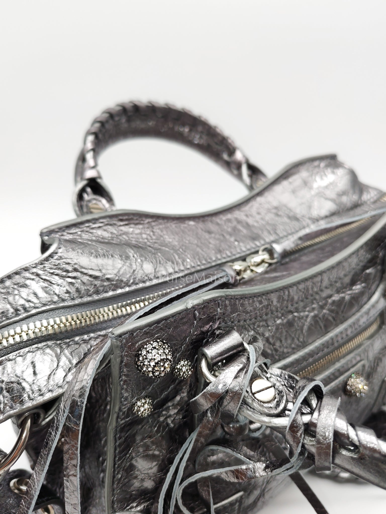 Arena Silver Crystal Metallic Leather Diamond Stud Crossbody Bag | Purse Maison Luxury Bags Shop