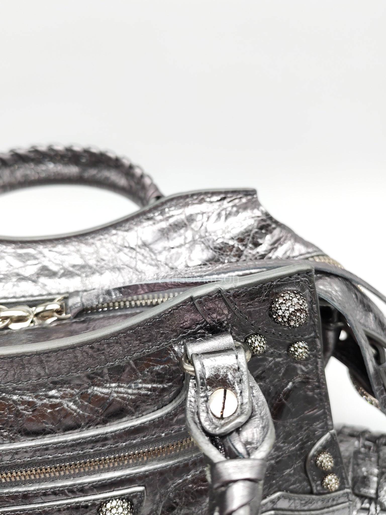 Arena Silver Crystal Metallic Leather Diamond Stud Crossbody Bag | Purse Maison Luxury Bags Shop