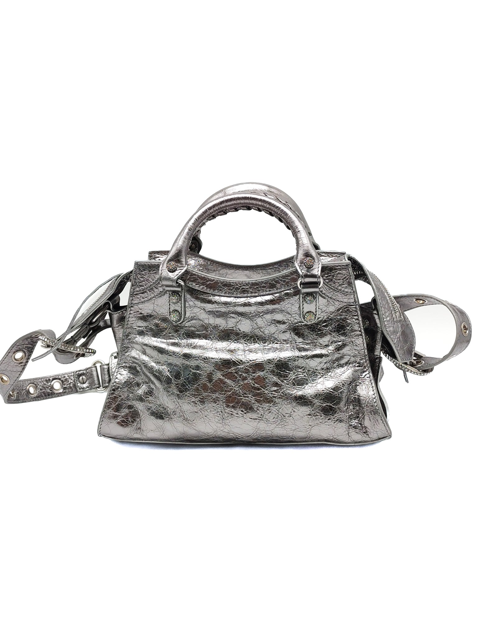 Arena Silver Crystal Metallic Leather Diamond Stud Crossbody Bag | Purse Maison Luxury Bags Shop