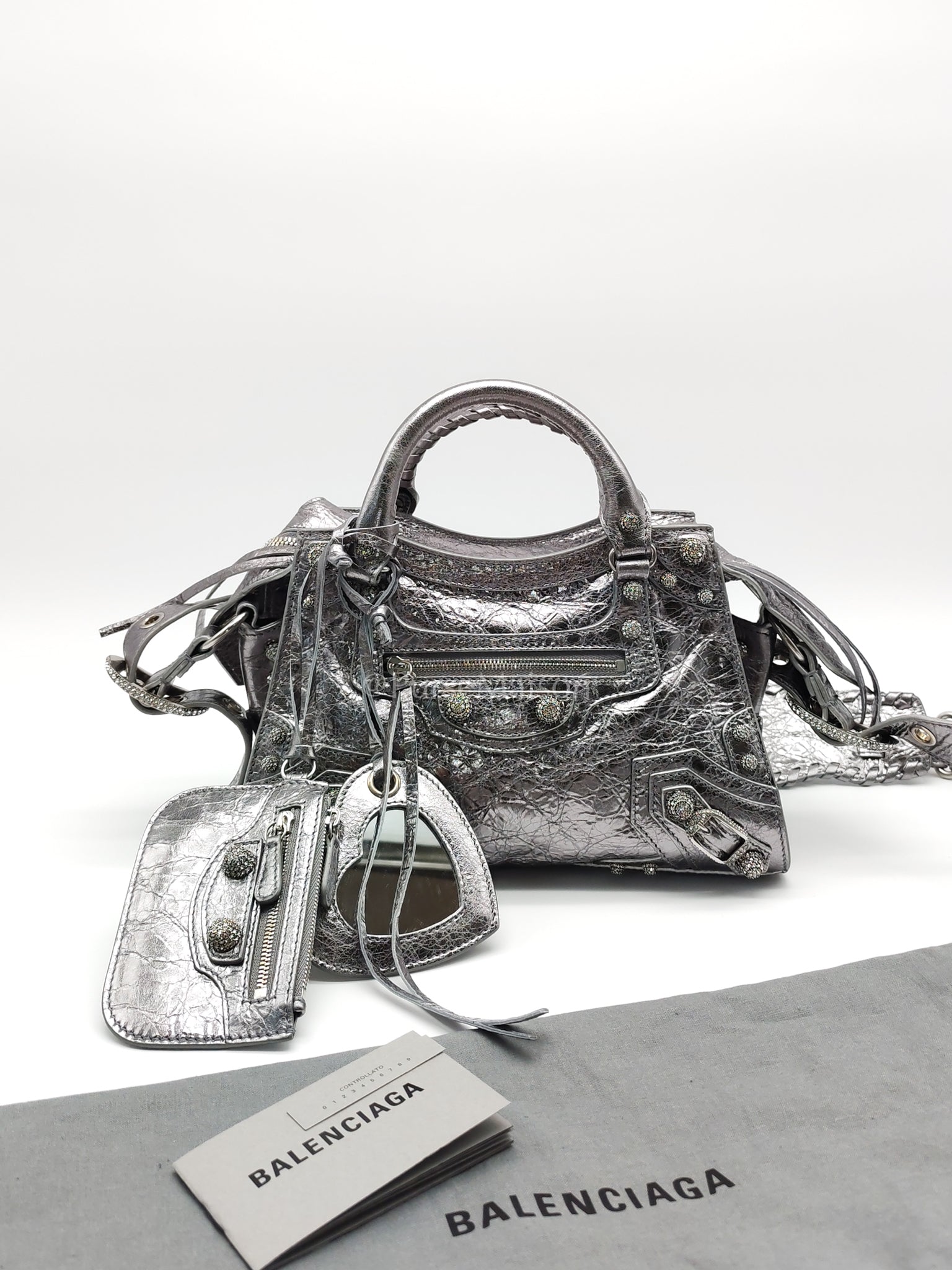 Arena Silver Crystal Metallic Leather Diamond Stud Crossbody Bag | Purse Maison Luxury Bags Shop