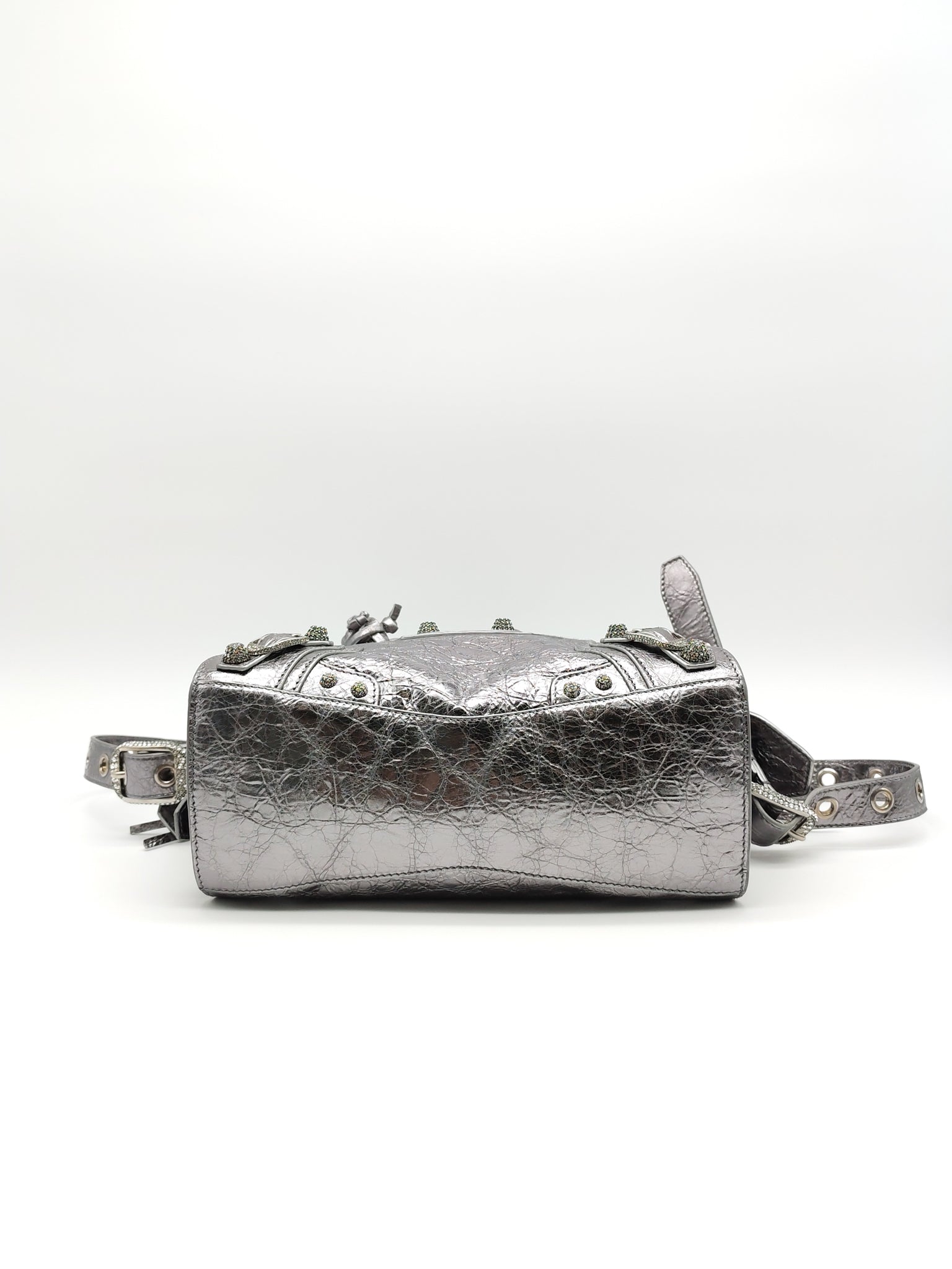 Arena Silver Crystal Metallic Leather Diamond Stud Crossbody Bag | Purse Maison Luxury Bags Shop