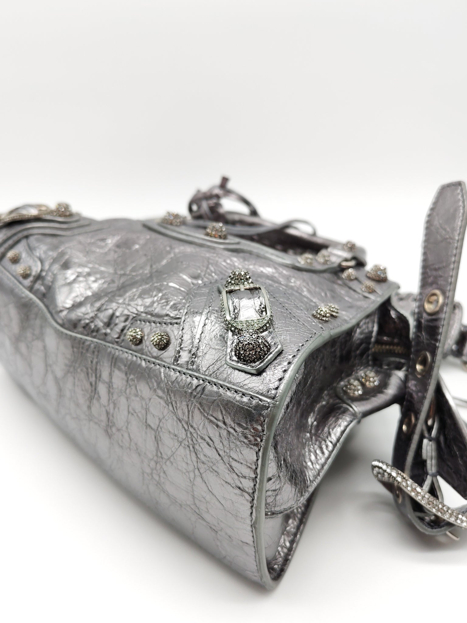 Arena Silver Crystal Metallic Leather Diamond Stud Crossbody Bag | Purse Maison Luxury Bags Shop