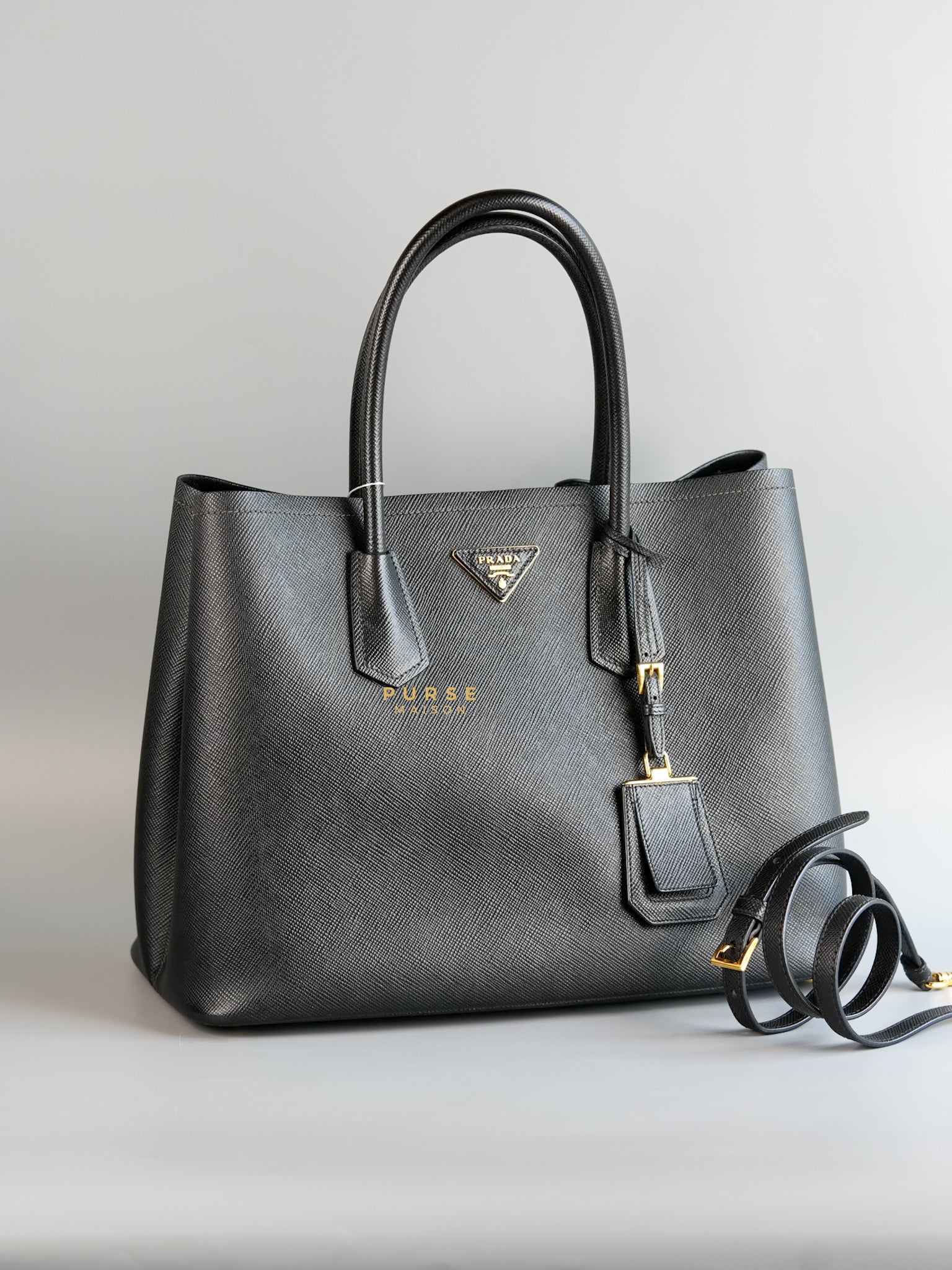 B2756T Medium Saffiano Cuir Leather Nero Double Bag | Purse Maison Luxury Bags Shop