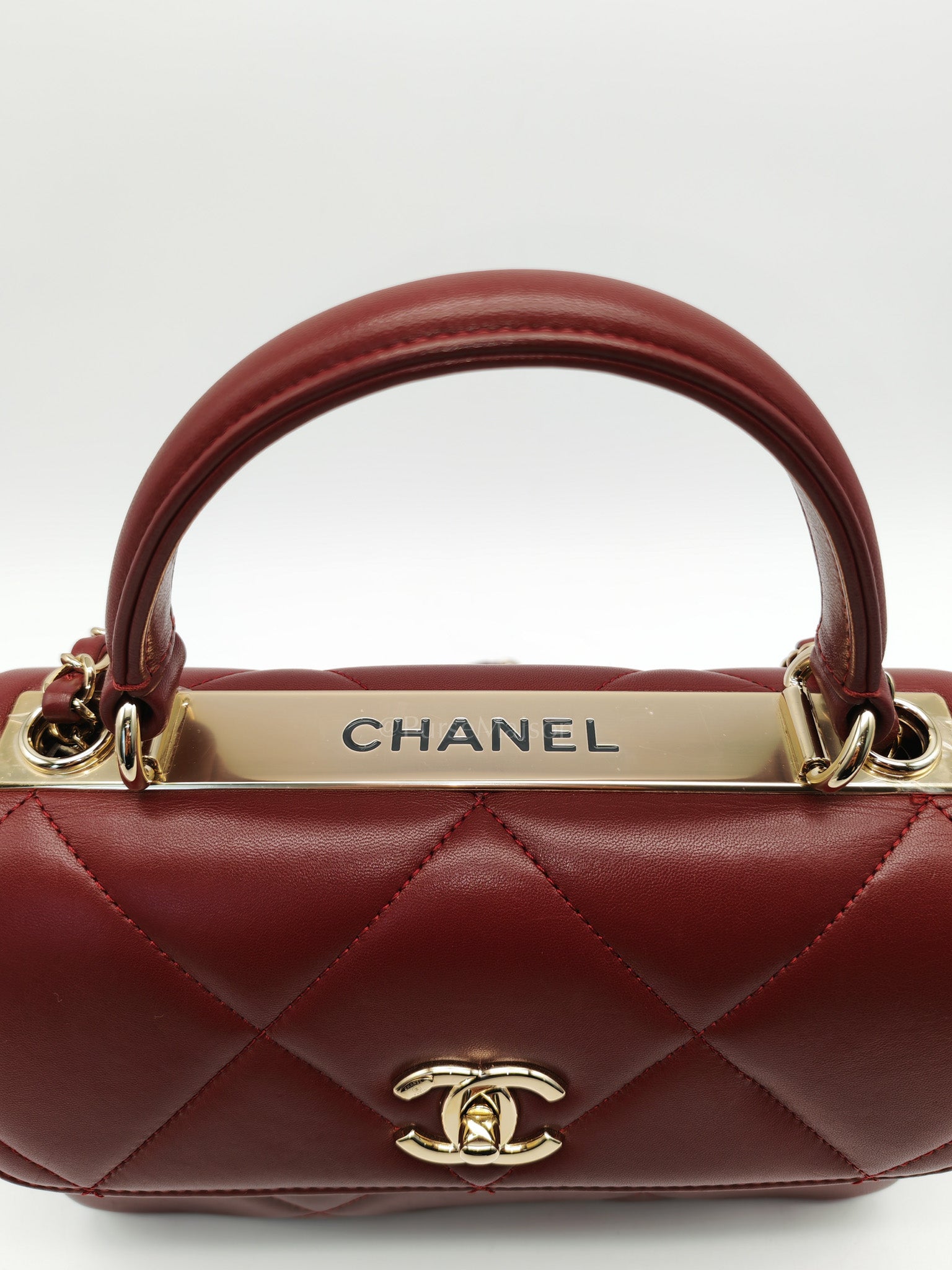 Trendy CC Top Handle Small in Burgundy Lambskin Leather Light Gold Hardware (Series 28)