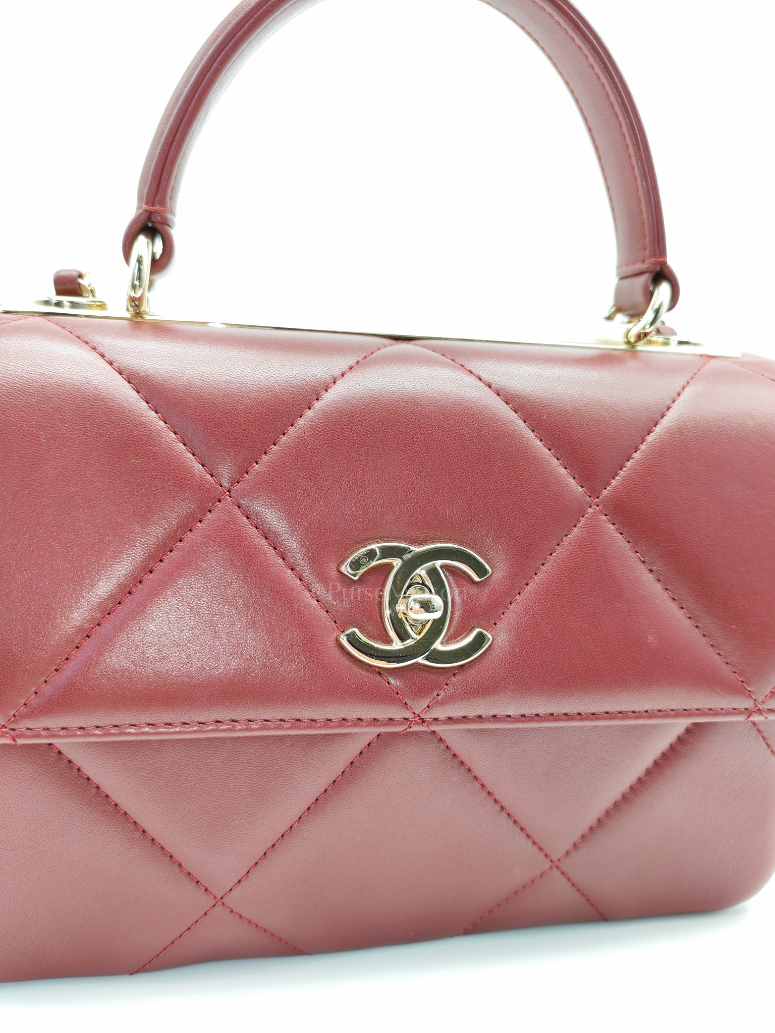 Trendy CC Top Handle Small in Burgundy Lambskin Leather Light Gold Hardware (Series 28)