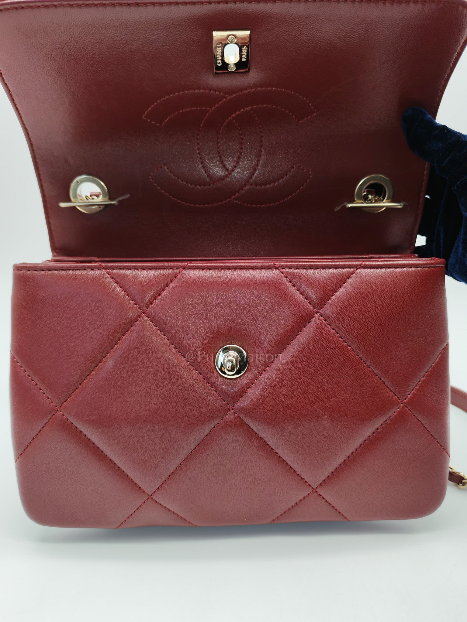 Trendy CC Top Handle Small in Burgundy Lambskin Leather Light Gold Hardware (Series 28)