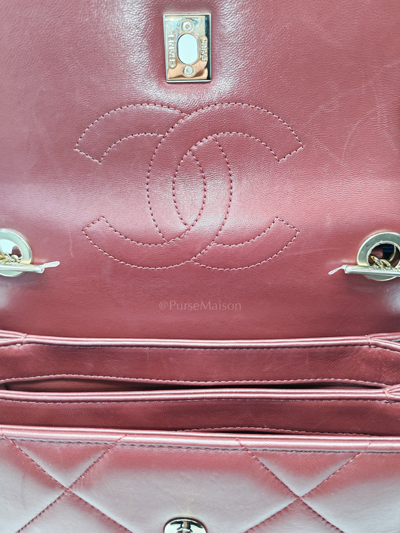 Trendy CC Top Handle Small in Burgundy Lambskin Leather Light Gold Hardware (Series 28)