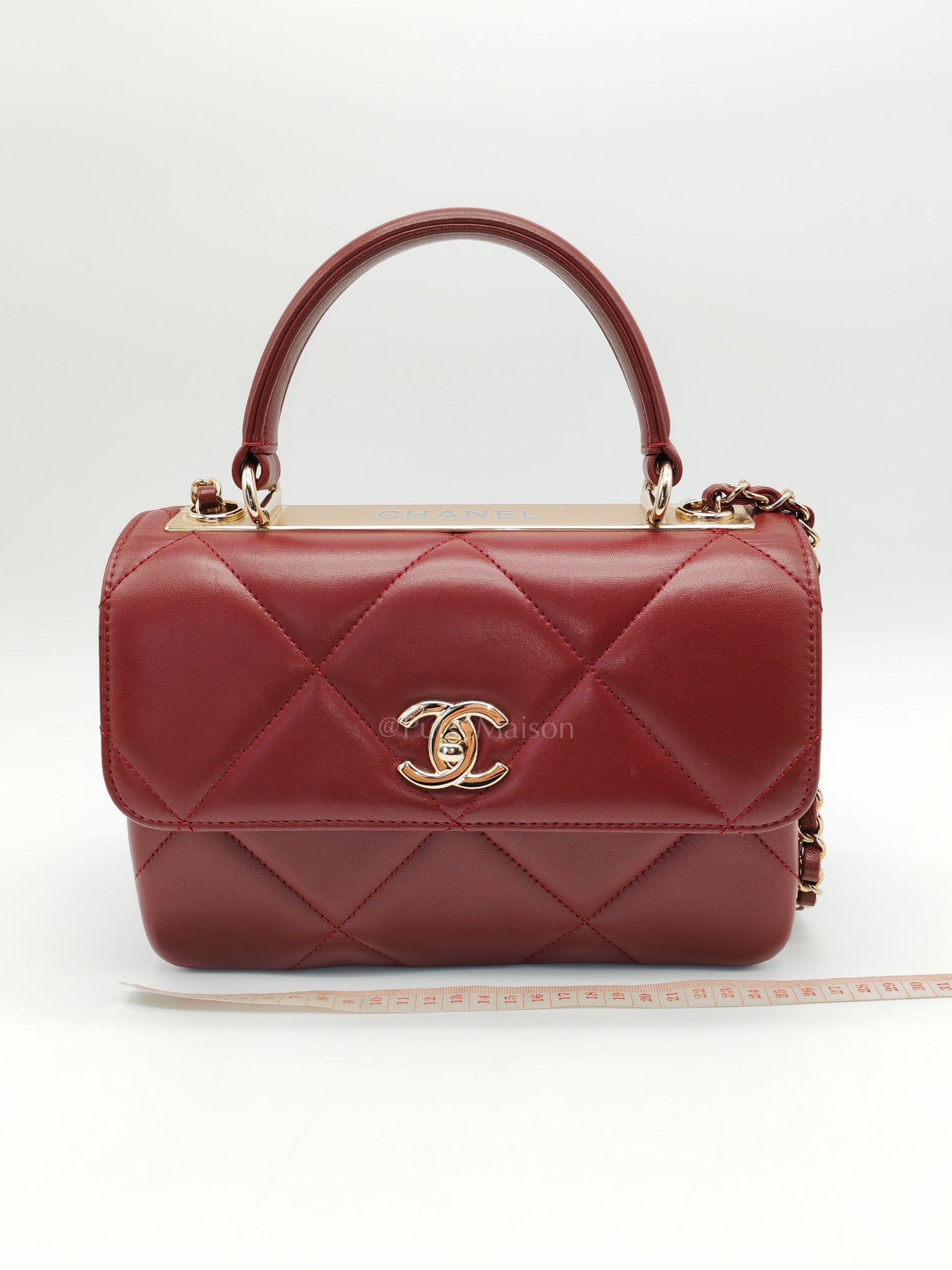 Trendy CC Top Handle Small in Burgundy Lambskin Leather Light Gold Hardware (Series 28)