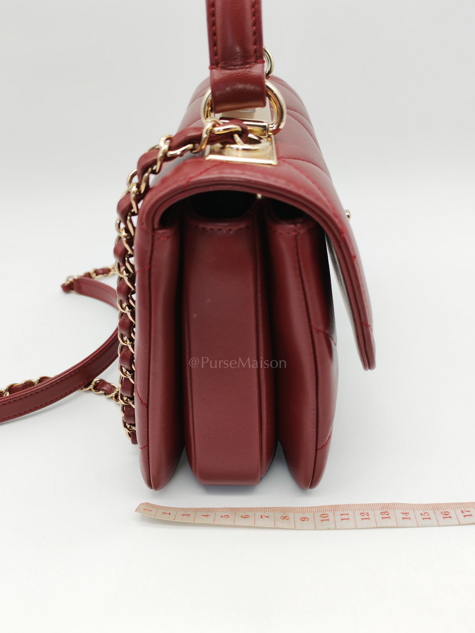 Trendy CC Top Handle Small in Burgundy Lambskin Leather Light Gold Hardware (Series 28)