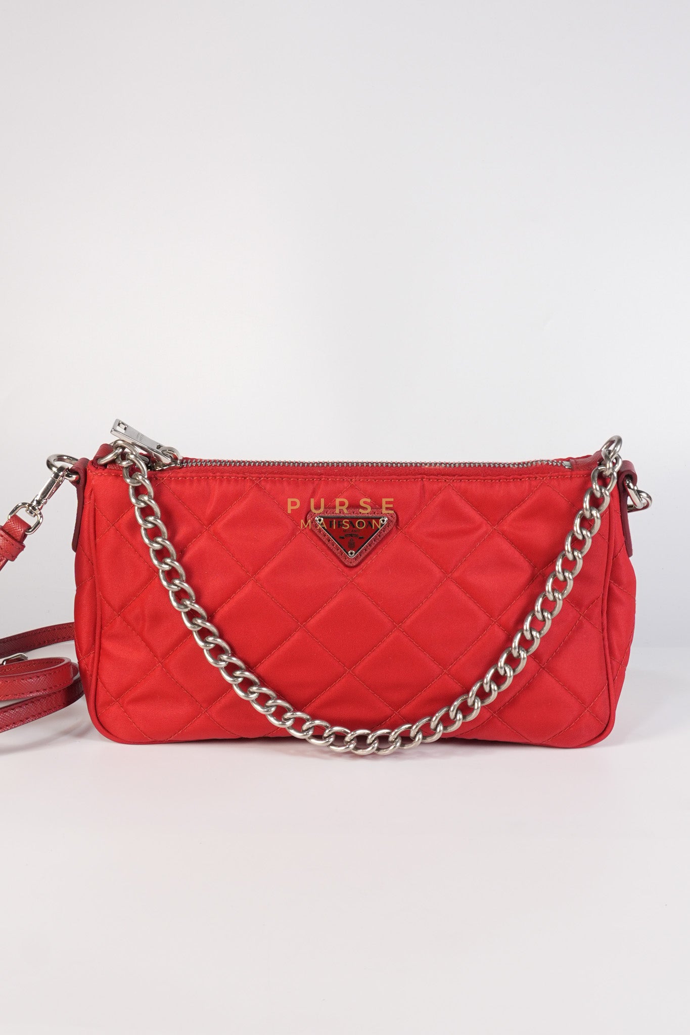 Baguette in Red Nylon Tessuto Impunto Two Way Bag | Purse Maison Luxury Bags Shop