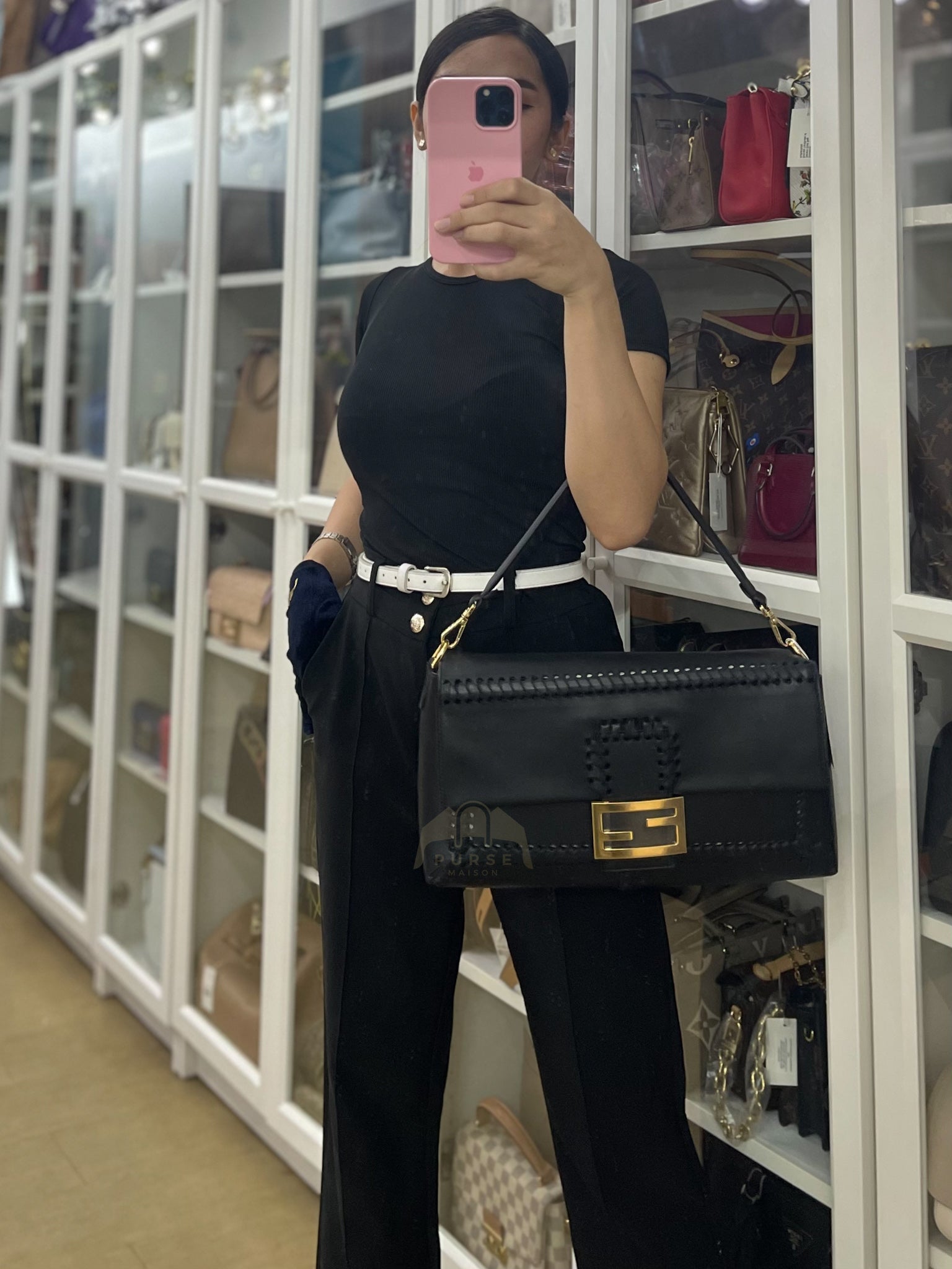 Baguette Maxi Nappa Wide Stitch Black Shoulder Bag | Purse Maison Luxury Bags Shop