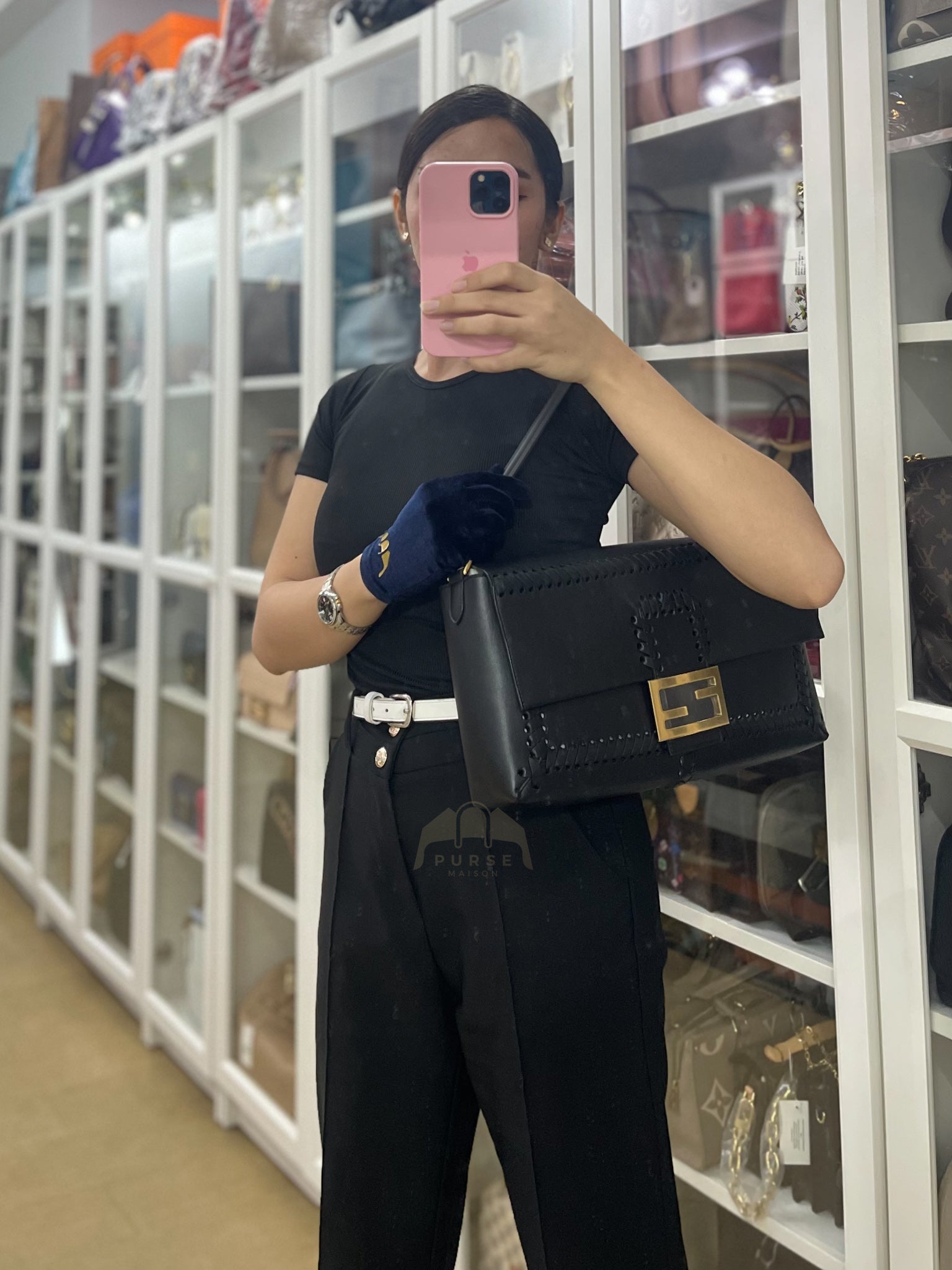 Baguette Maxi Nappa Wide Stitch Black Shoulder Bag | Purse Maison Luxury Bags Shop