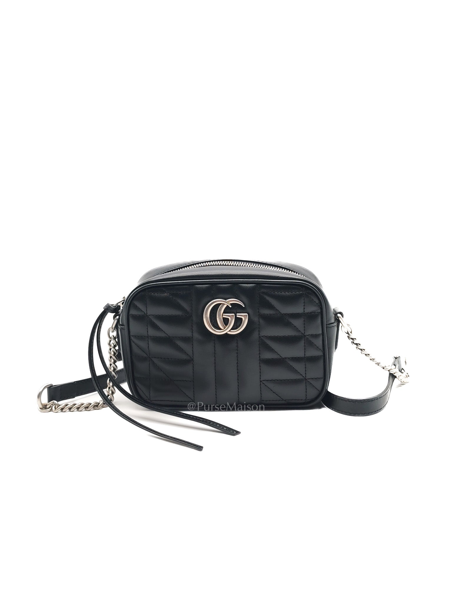 GG Marmont Mini Camera Bag in Black Quilted Matelasse Leather and Silver Hardware