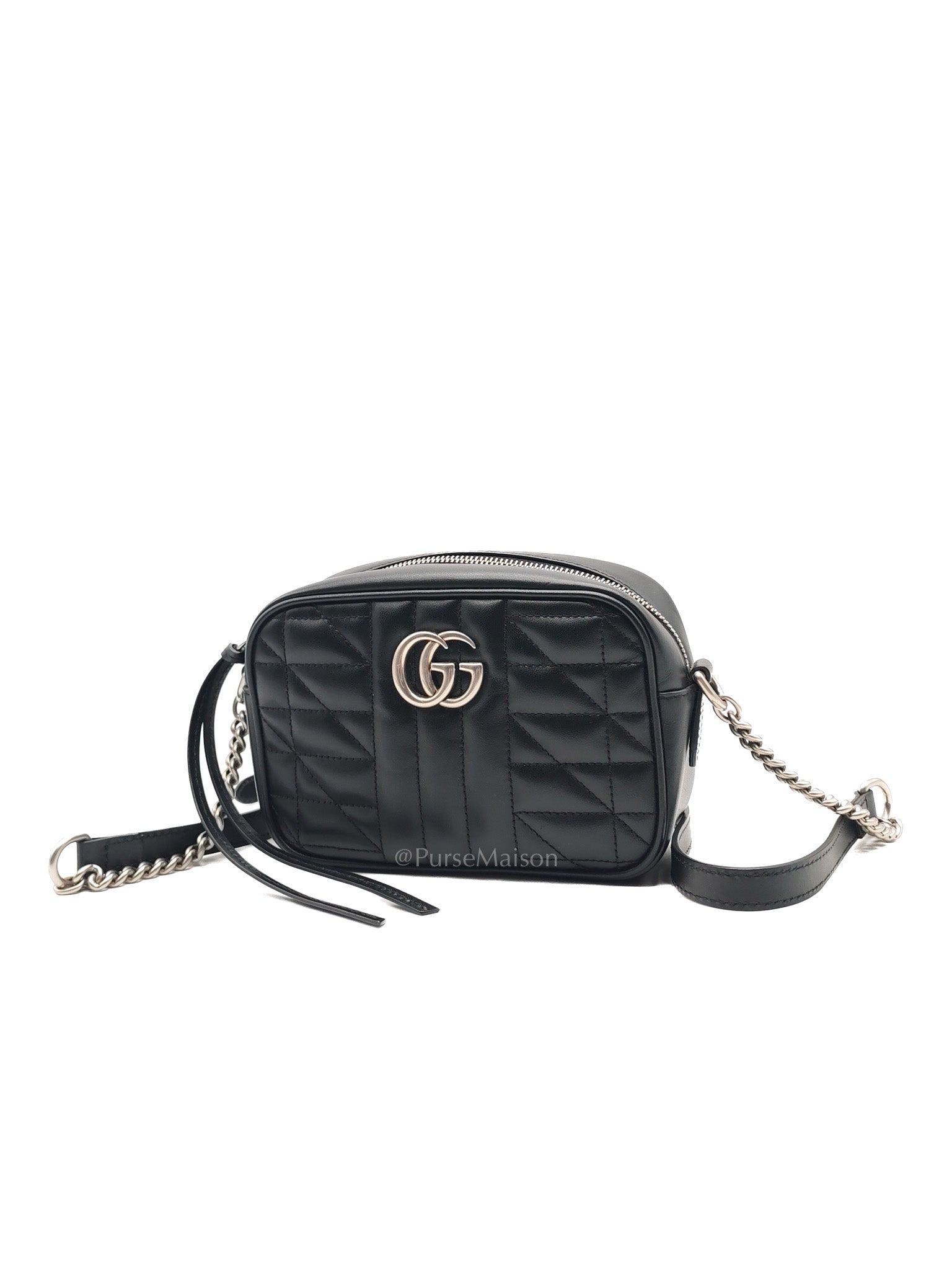 GG Marmont Mini Camera Bag in Black Quilted Matelasse Leather and Silver Hardware