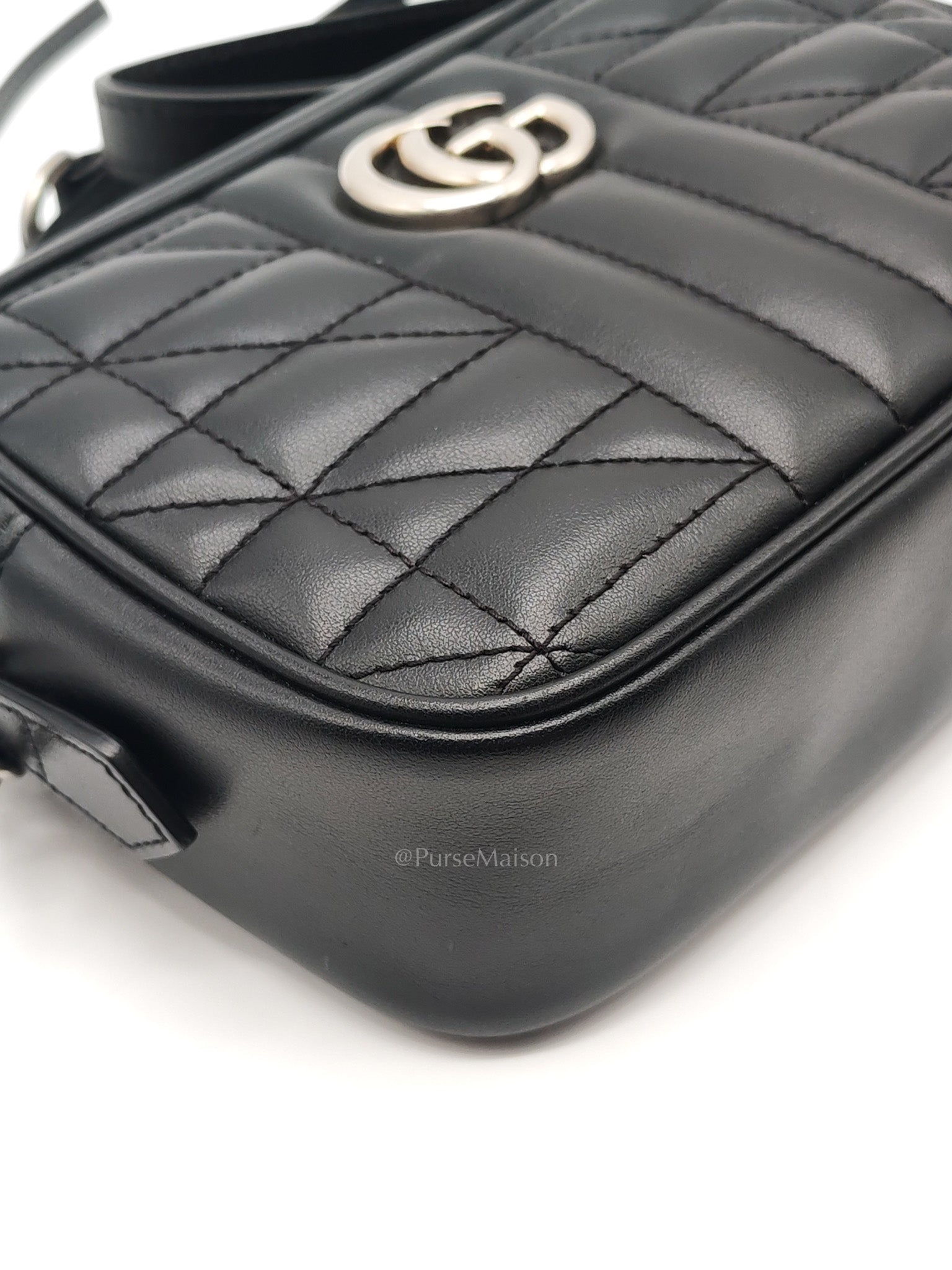 GG Marmont Mini Camera Bag in Black Quilted Matelasse Leather and Silver Hardware
