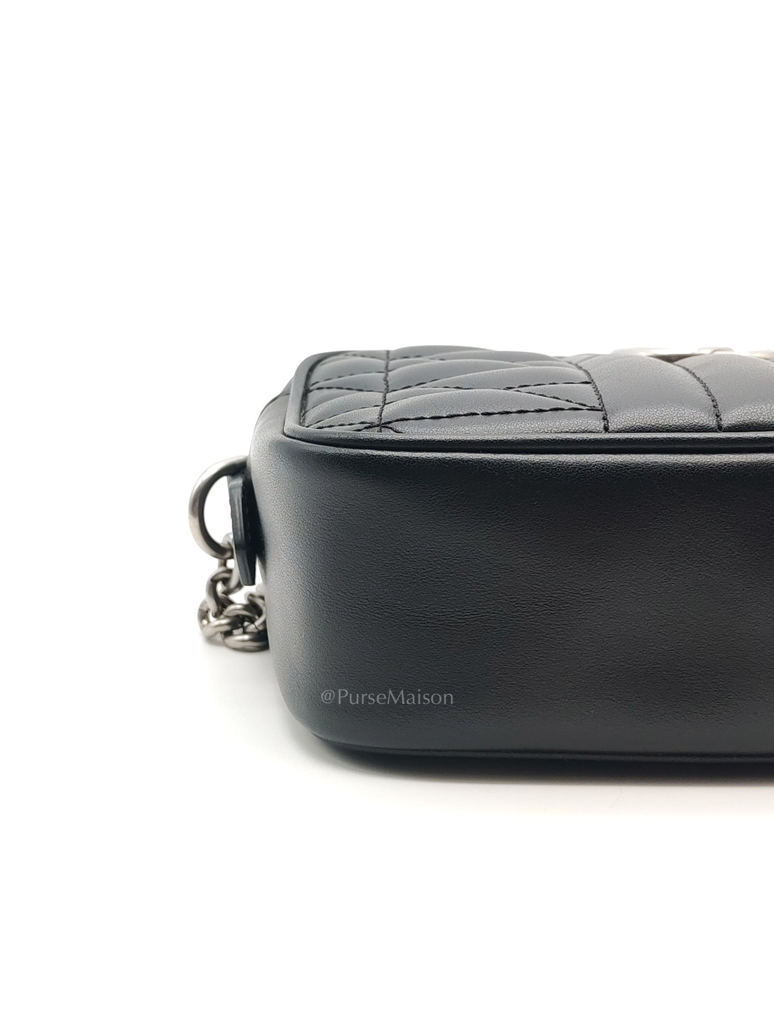GG Marmont Mini Camera Bag in Black Quilted Matelasse Leather and Silver Hardware