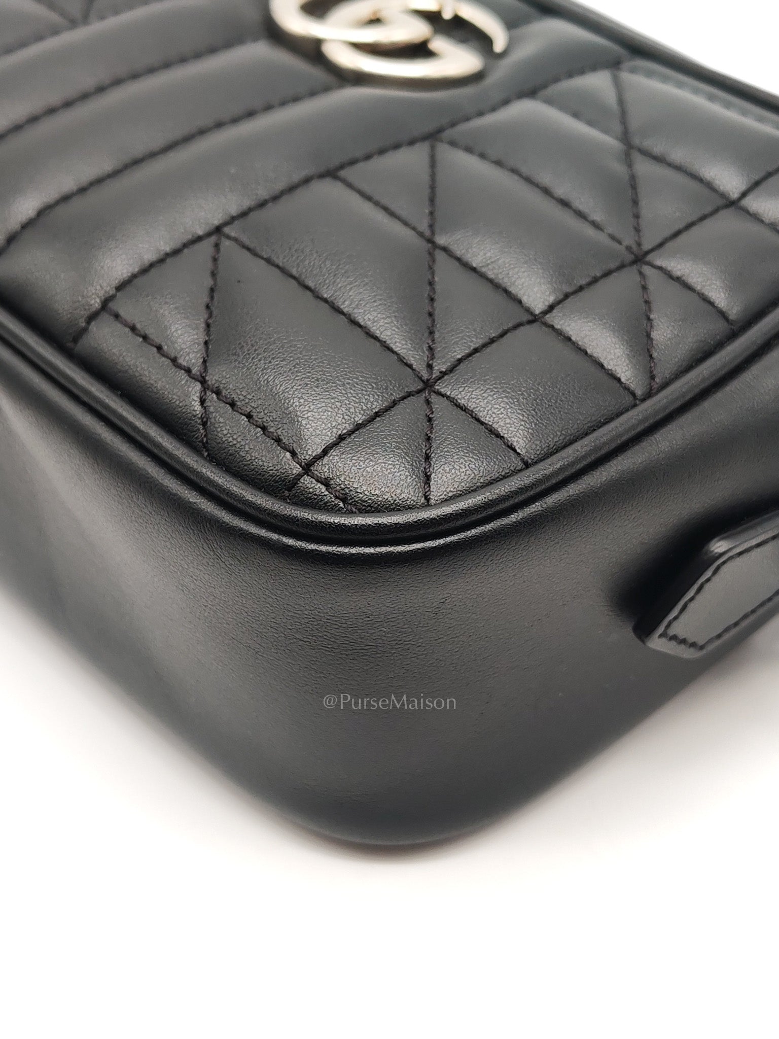 GG Marmont Mini Camera Bag in Black Quilted Matelasse Leather and Silver Hardware