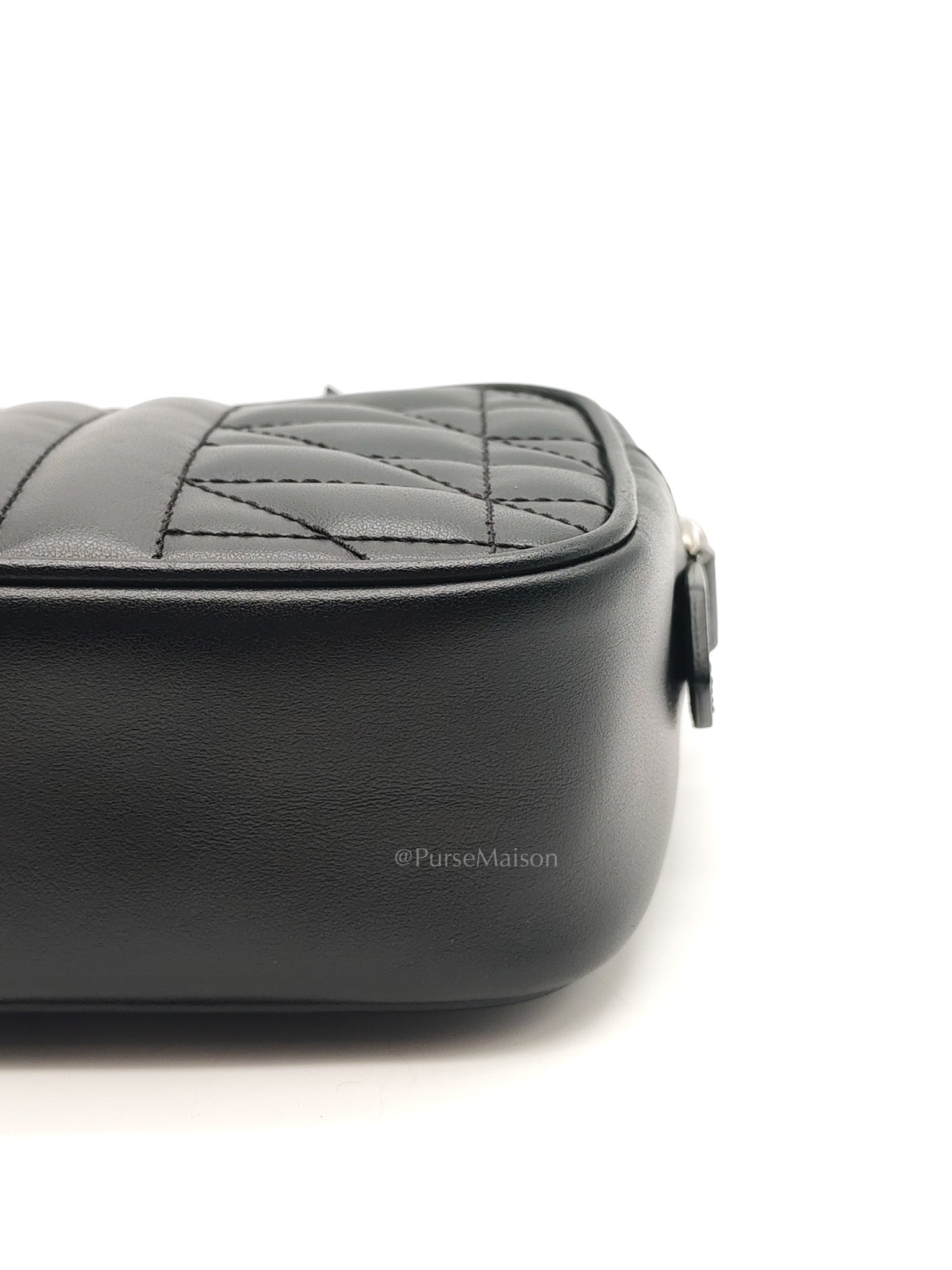GG Marmont Mini Camera Bag in Black Quilted Matelasse Leather and Silver Hardware