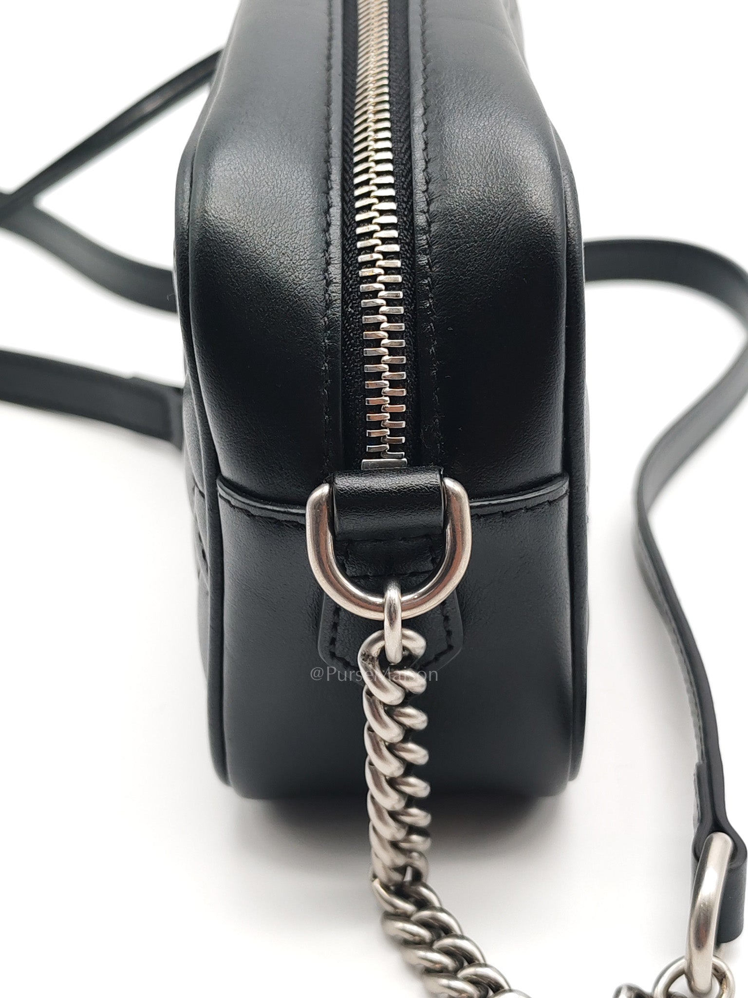 GG Marmont Mini Camera Bag in Black Quilted Matelasse Leather and Silver Hardware