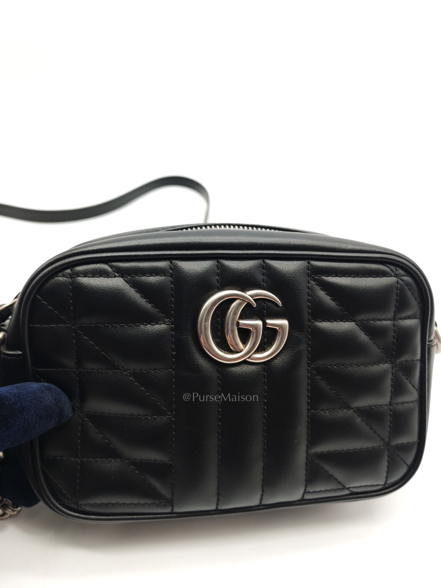 GG Marmont Mini Camera Bag in Black Quilted Matelasse Leather and Silver Hardware