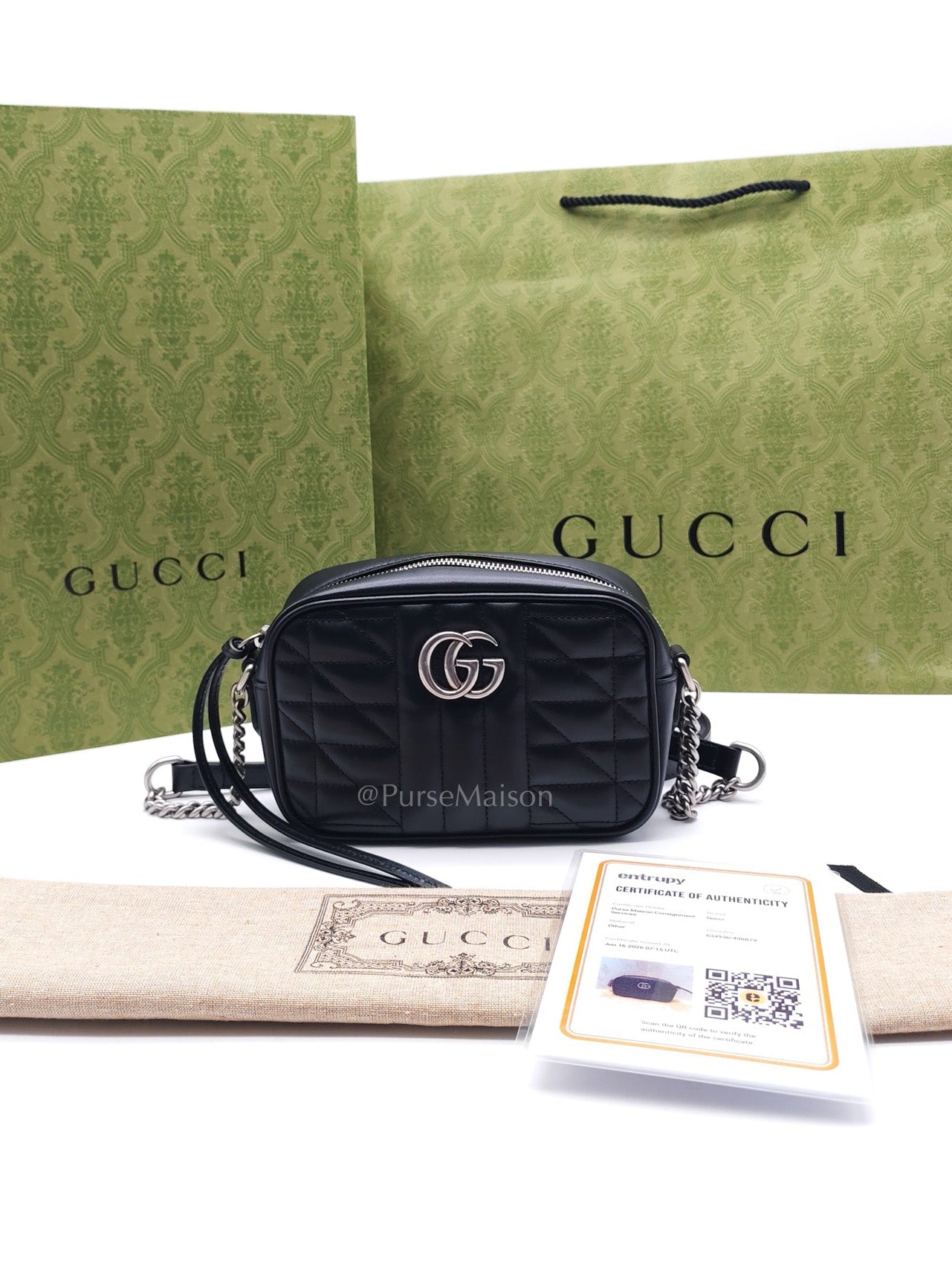 GG Marmont Mini Camera Bag in Black Quilted Matelasse Leather and Silver Hardware