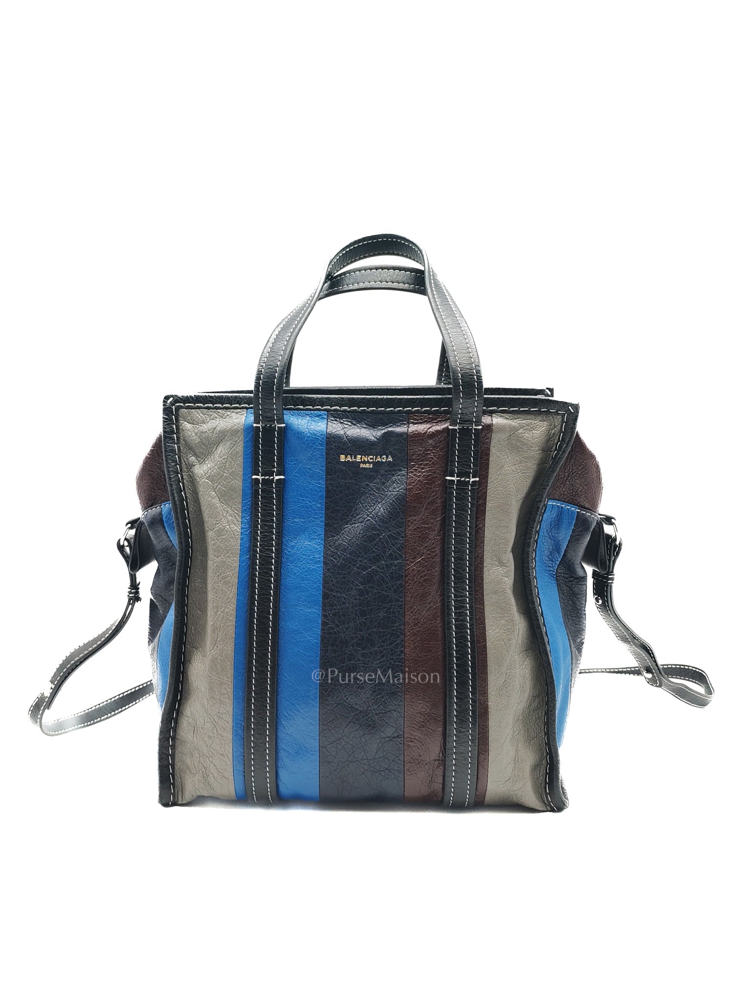 Bazar Shopper Satchel in Multicolor Striped Lambskin Leather and Silver Hardware | Purse Maison Luxury Bags Shop