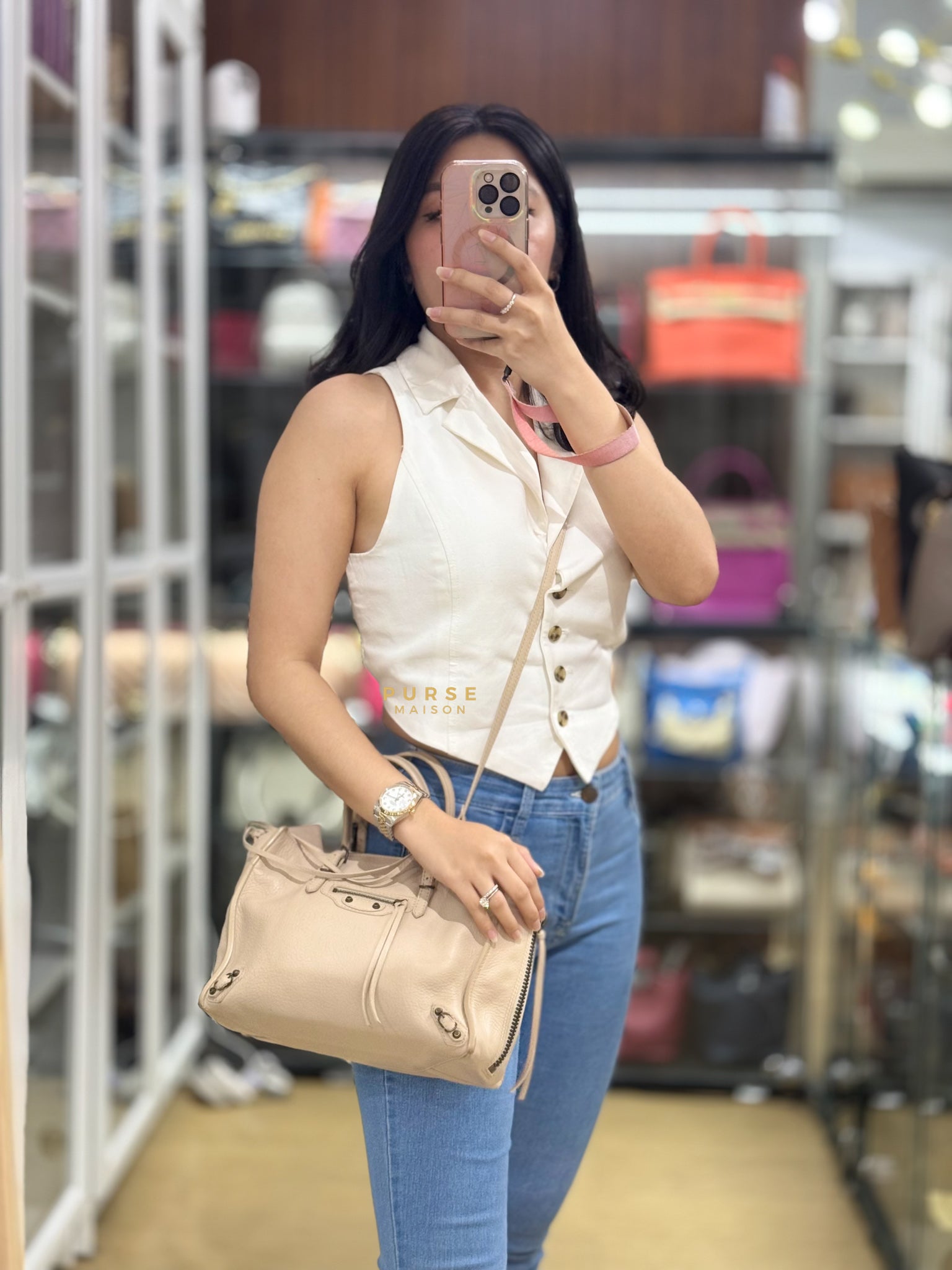 Beige Leather Papier Small Zip Around Tote | Purse Maison Luxury Bags Shop