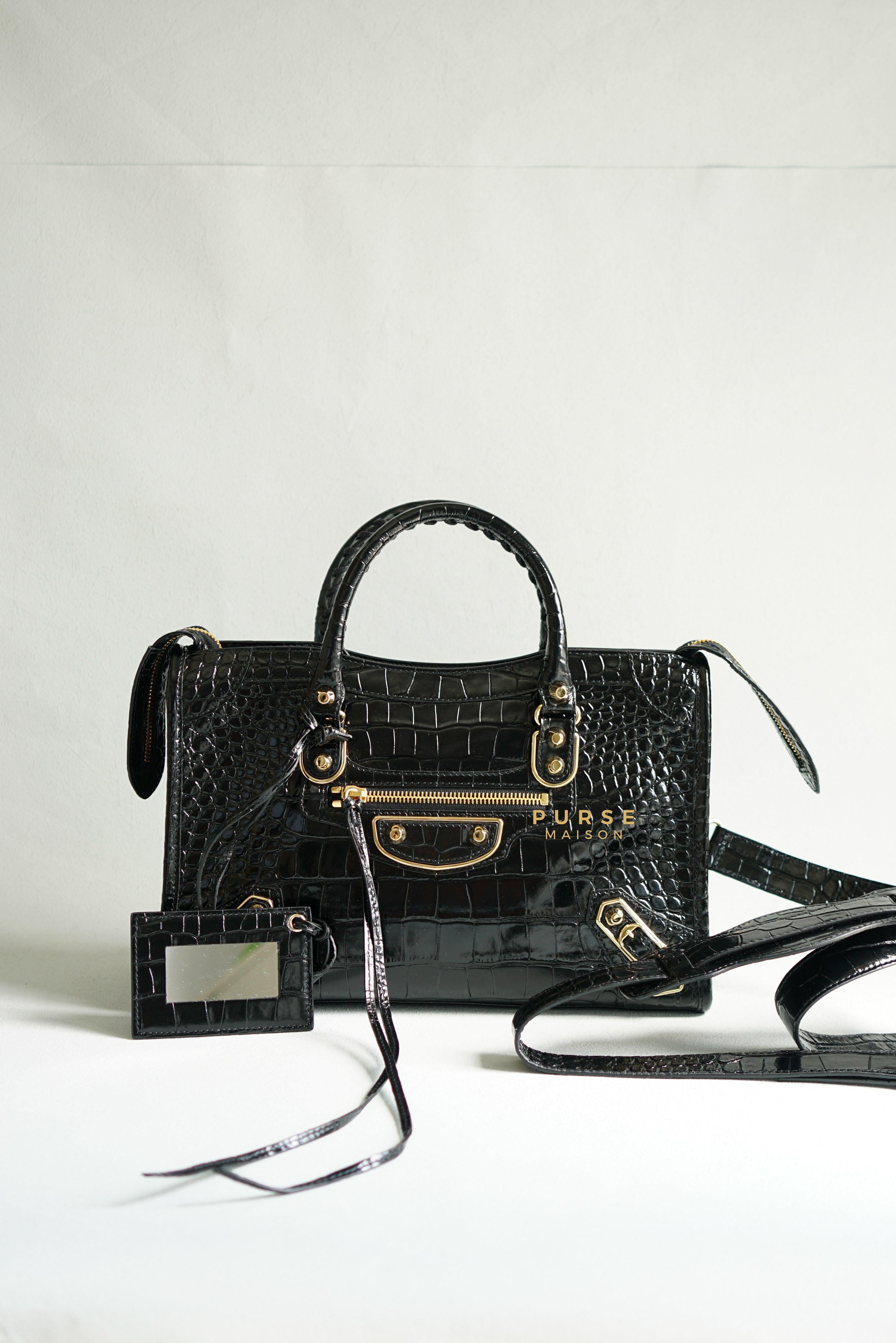 Balenciaga Black Croc Embossed Leather Small City Metallic Edge Bag | Purse Maison Luxury Bags Shop