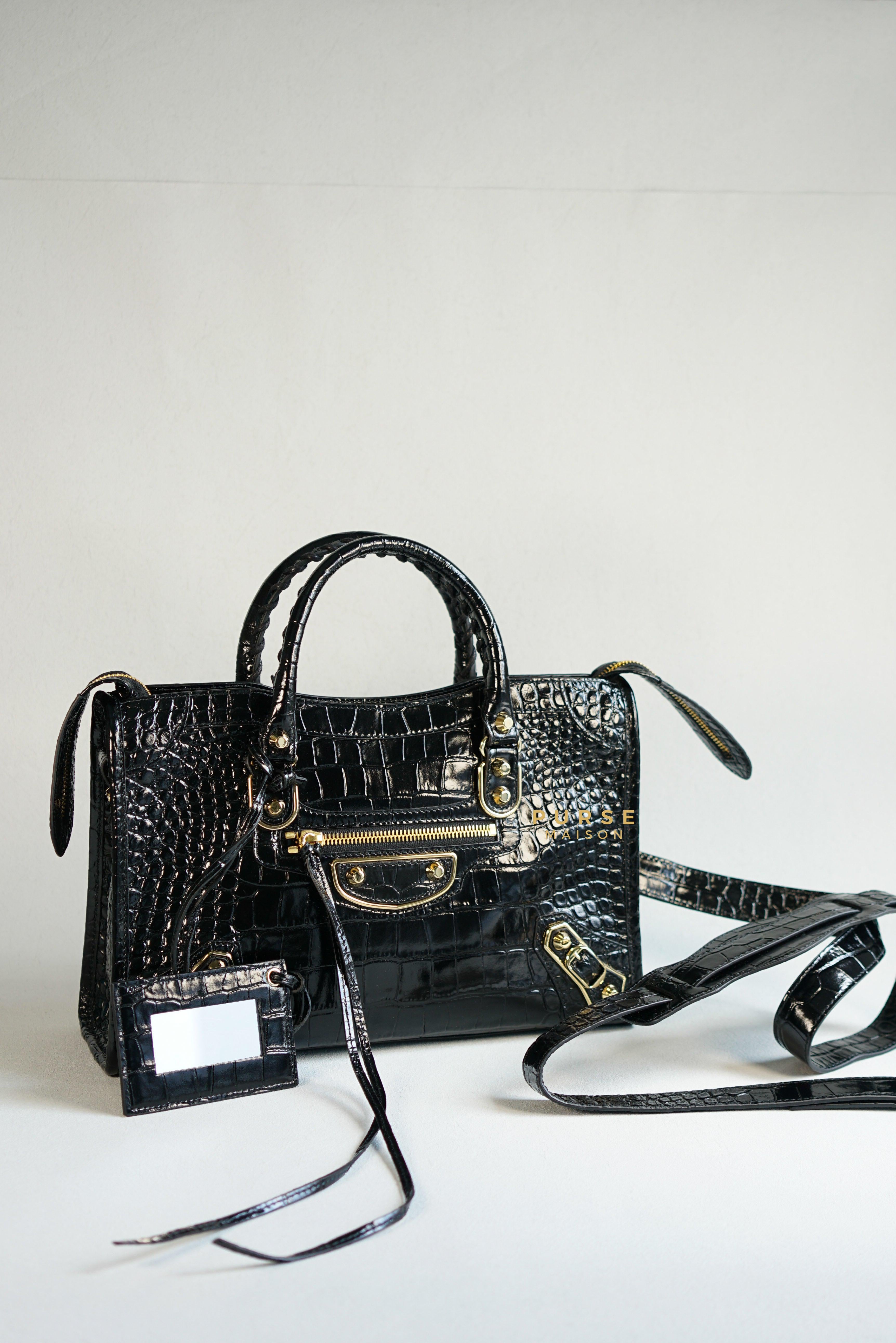 Balenciaga Black Croc Embossed Leather Small City Metallic Edge Bag | Purse Maison Luxury Bags Shop